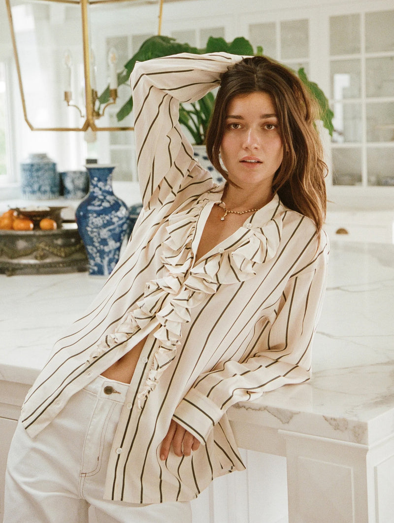 For The Frill Of It Shirt in Marshmallow and Olive Stripe