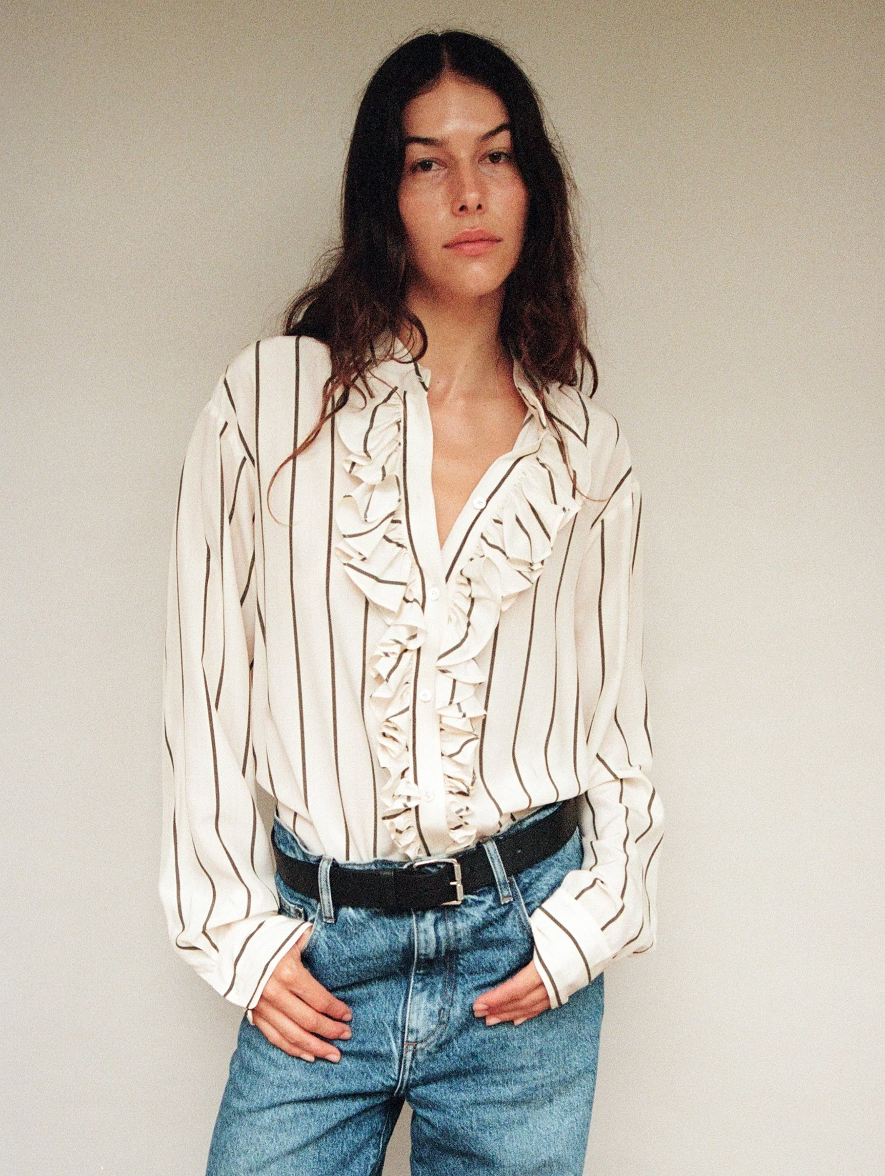 For The Frill Of It Shirt in Marshmallow and Olive Stripe