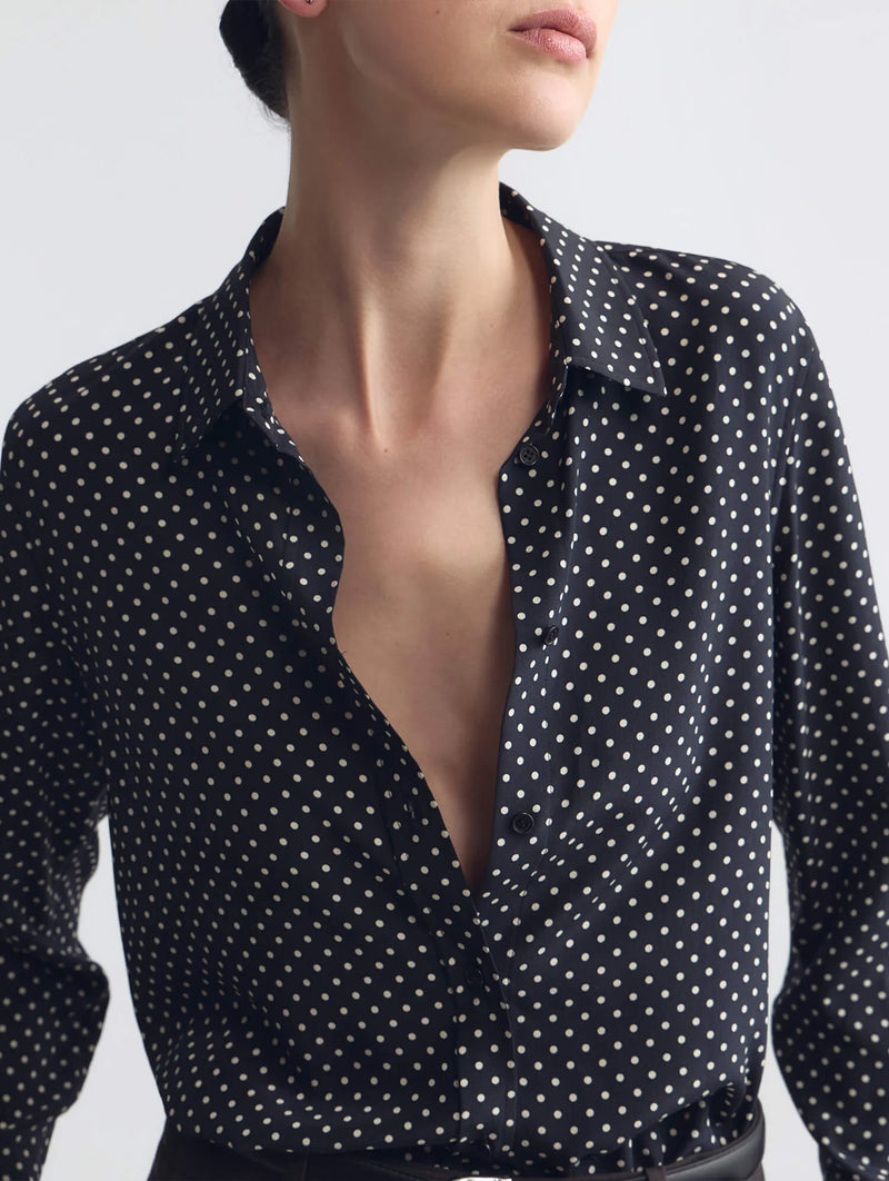 Gaia Silk Shirt in Obsidian / Ivory Polka Dot