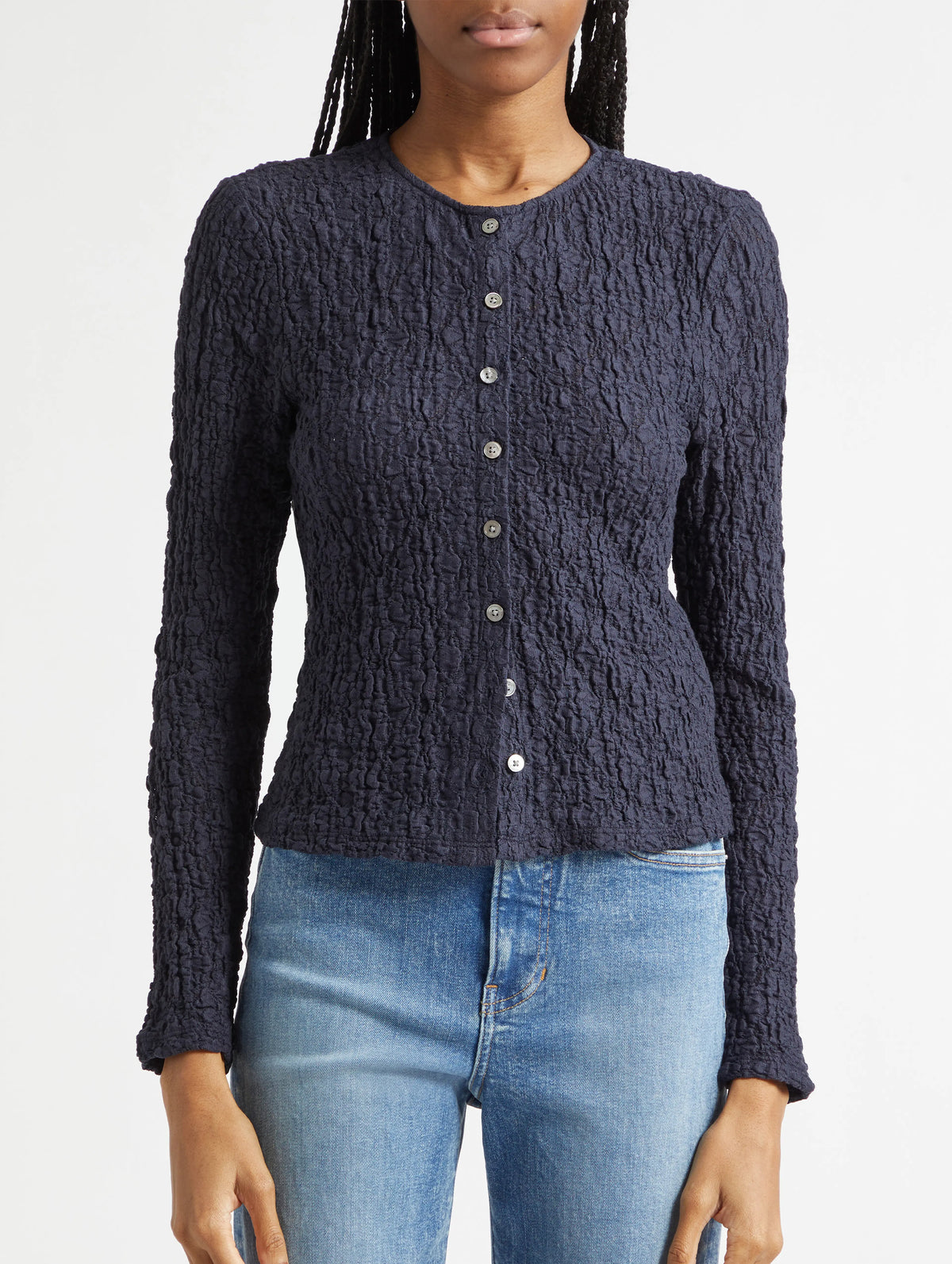 Gillingham Stretch-Lace Cardigan in Navy