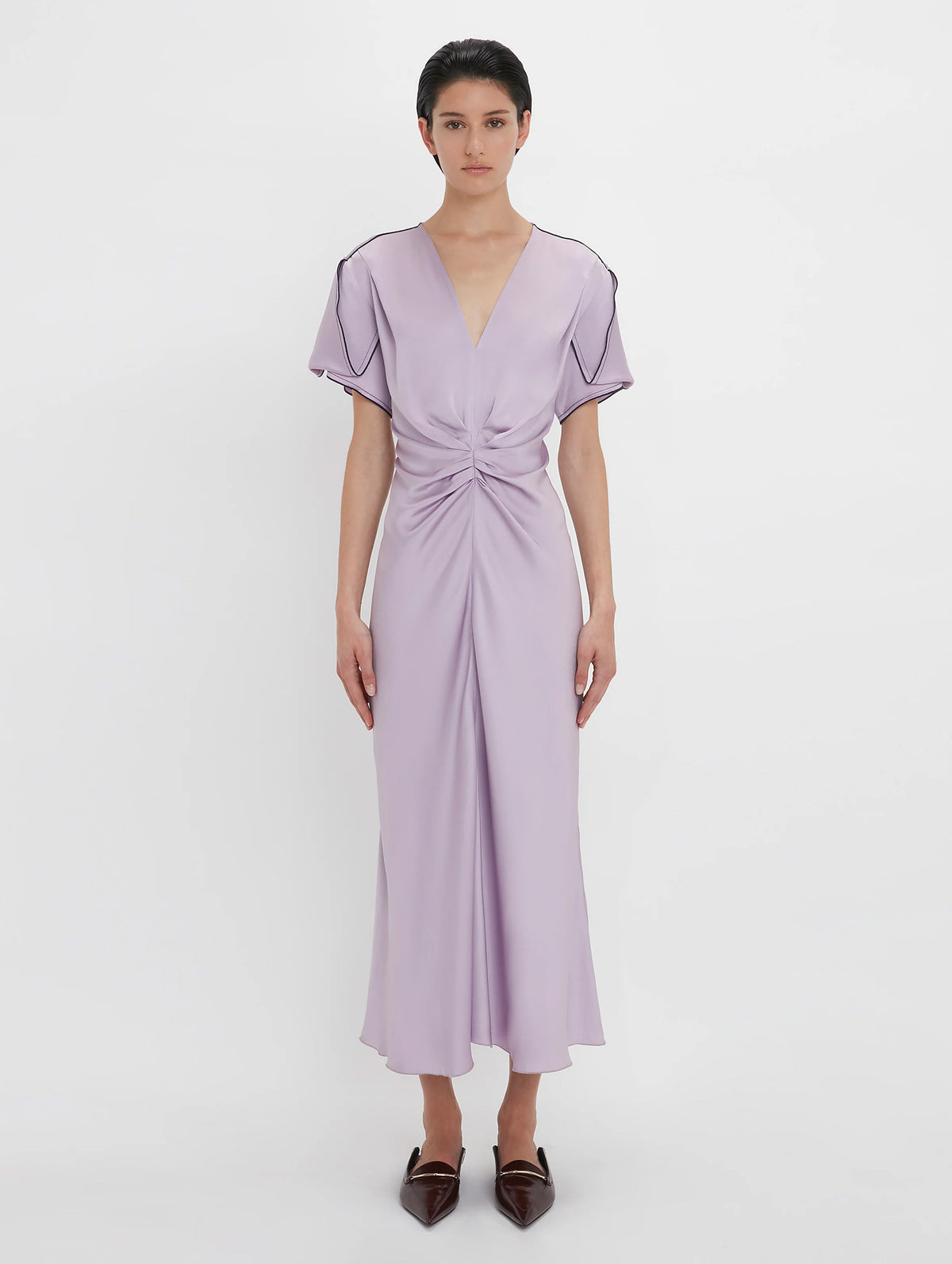 Gathered V-Neck Midi Dress in Petunia