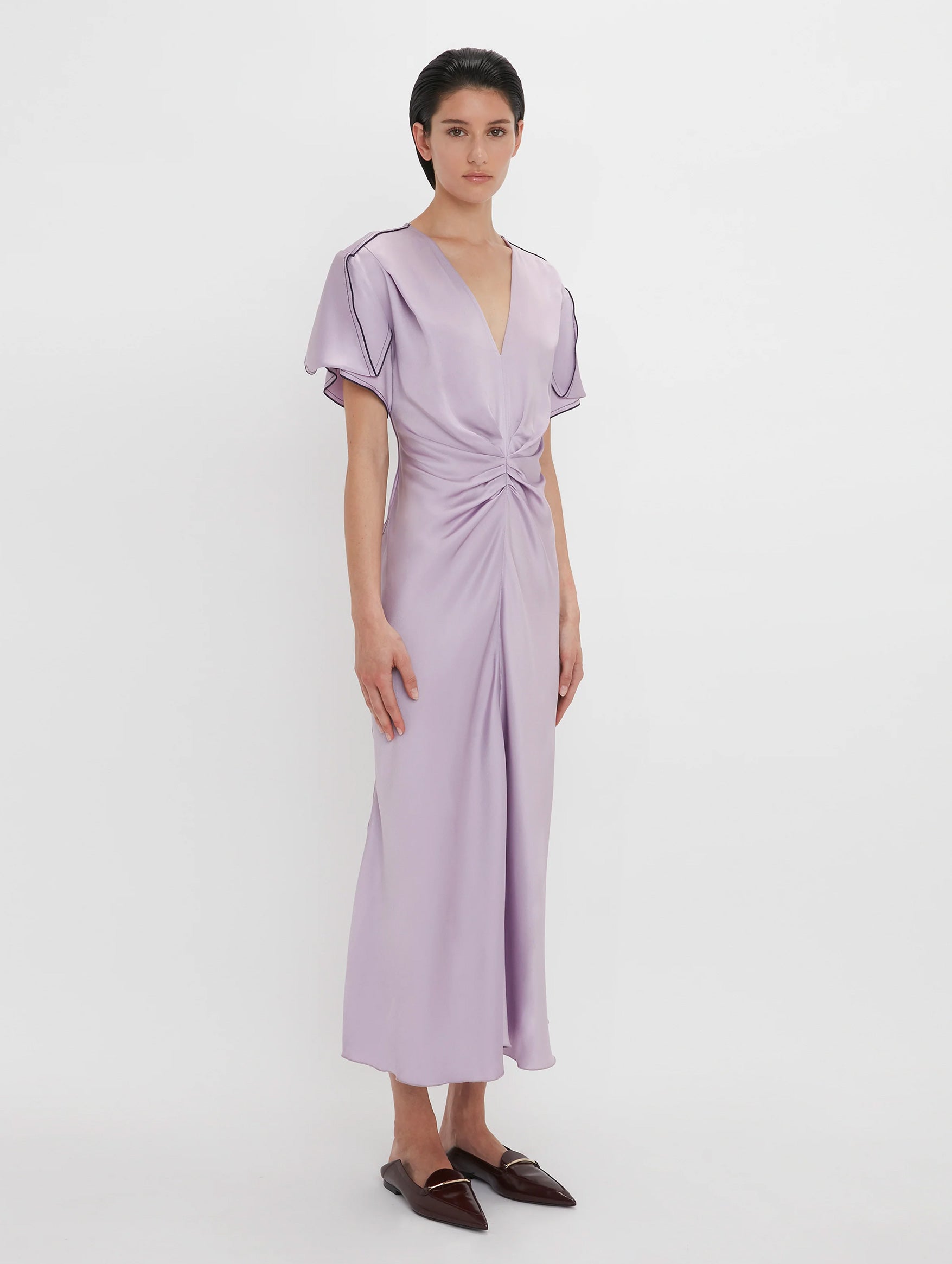 Gathered V-Neck Midi Dress in Petunia