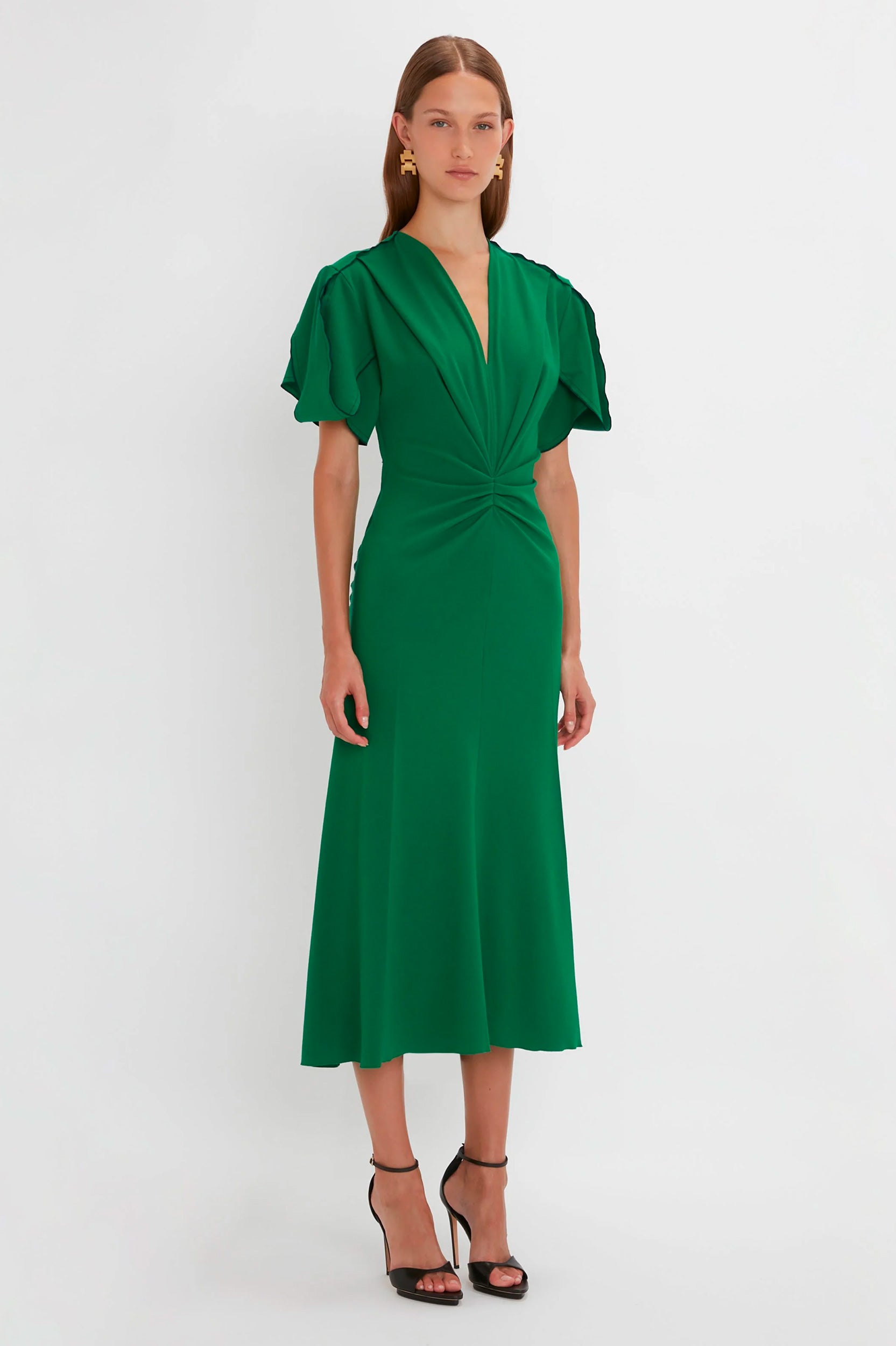 Gathered V-Neck Midi Dress in Viridian