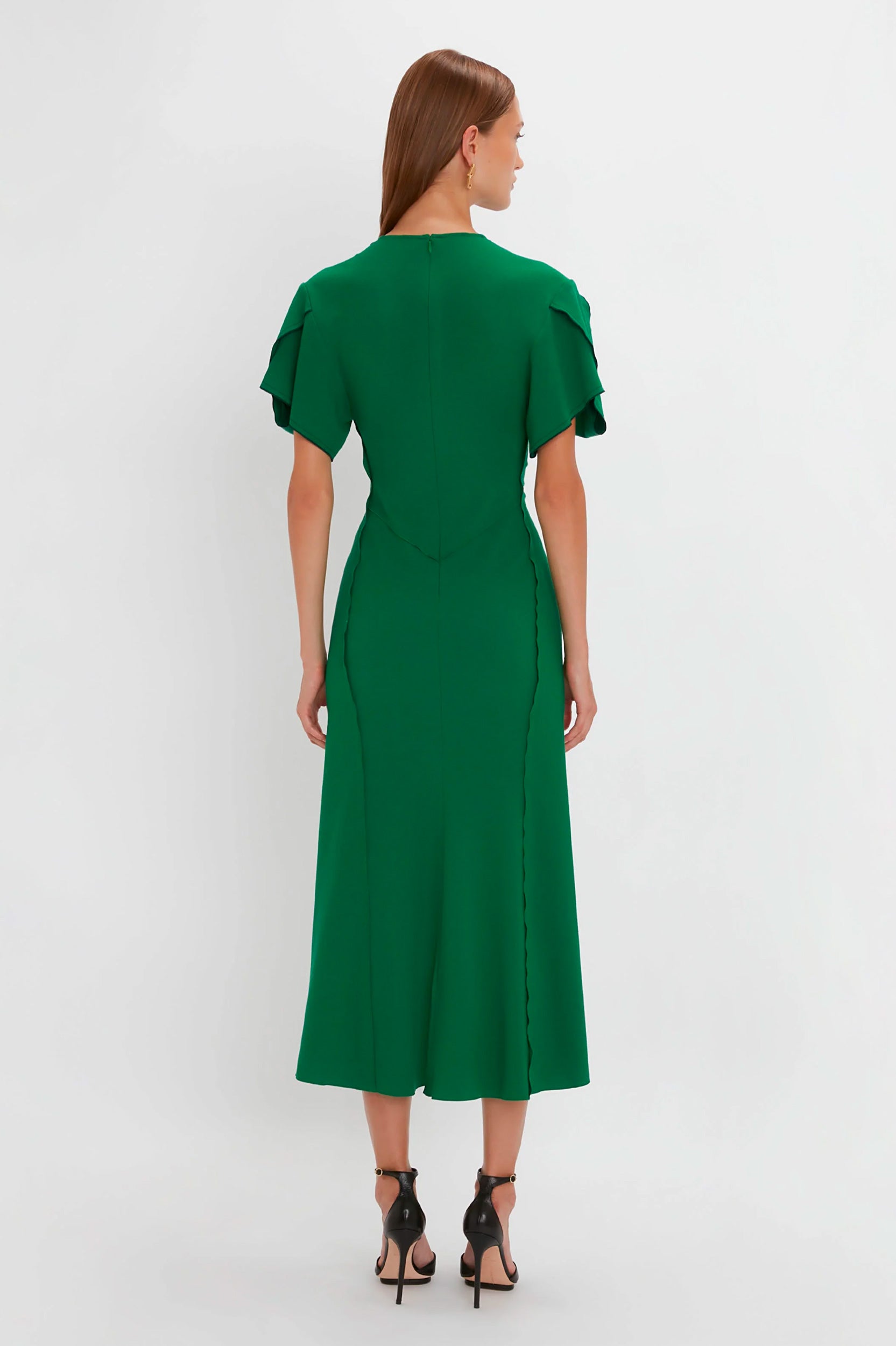 Gathered V-Neck Midi Dress in Viridian