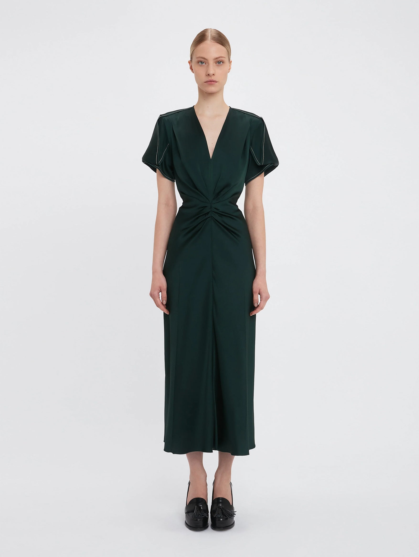 Gathered V-Neck Midi Dress In Seaweed