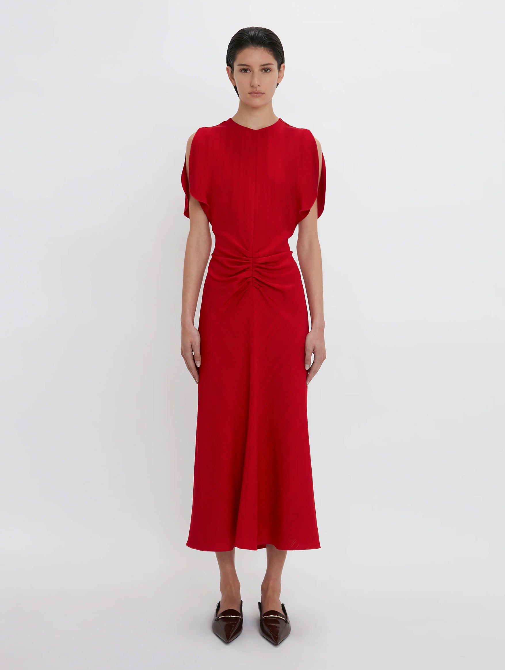 Gathered Waist Midi Dress in Carmine