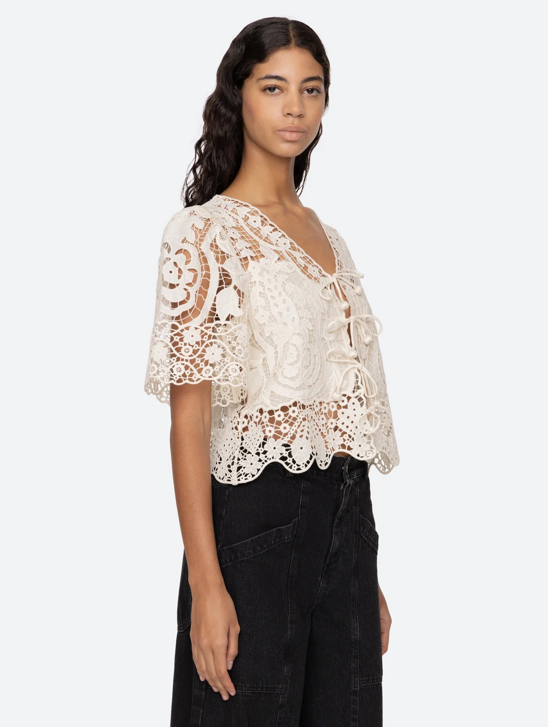 Gianna Lace Tie Front Top in Bone