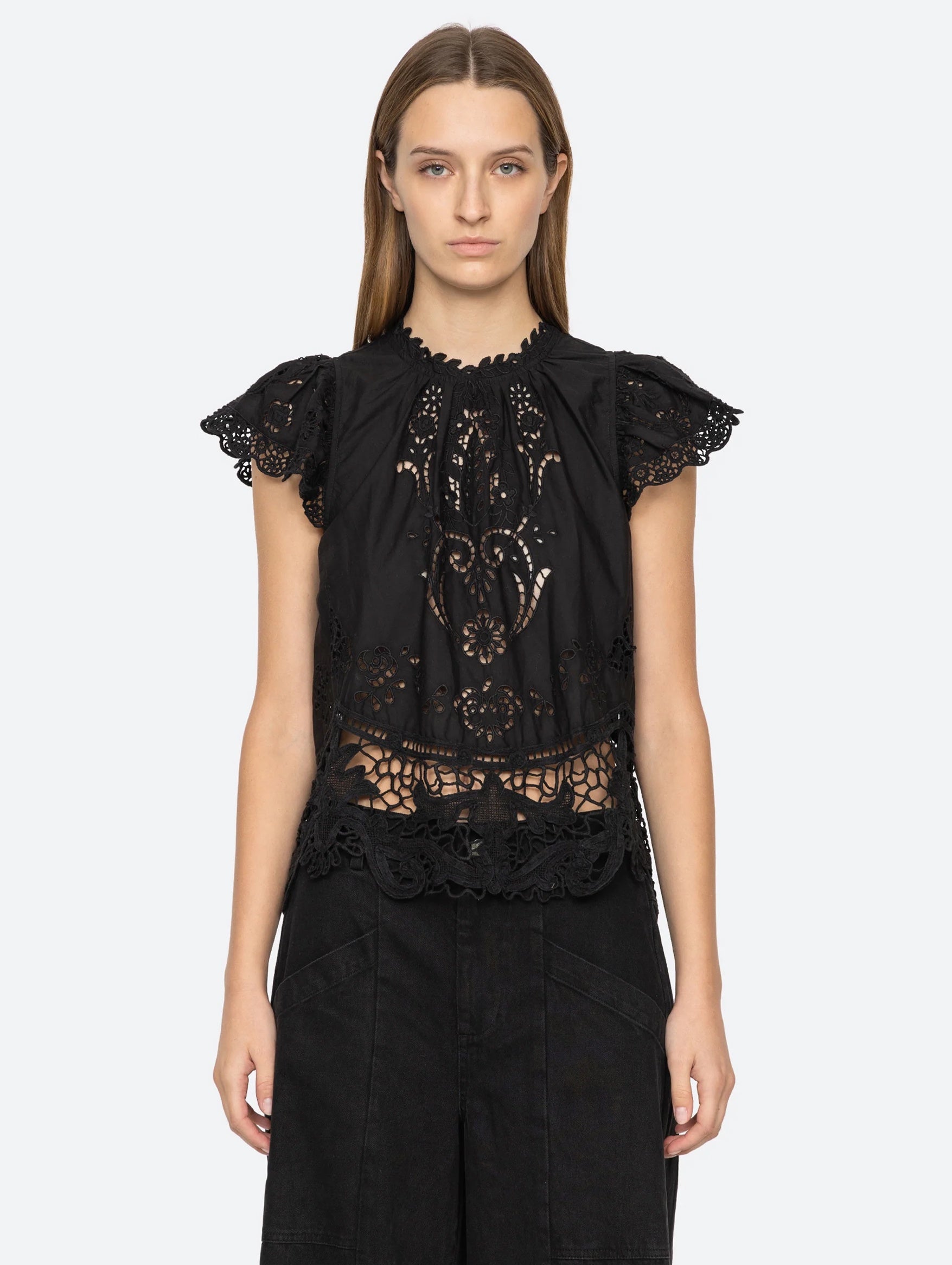 Gianna Lace Flutter Sleeve Top in Black