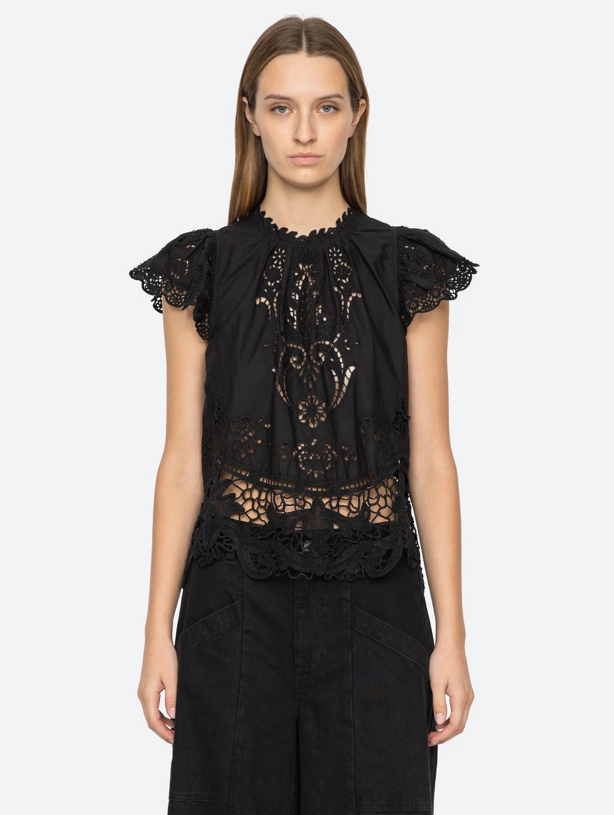 Gianna Lace Flutter Sleeve Top in Black