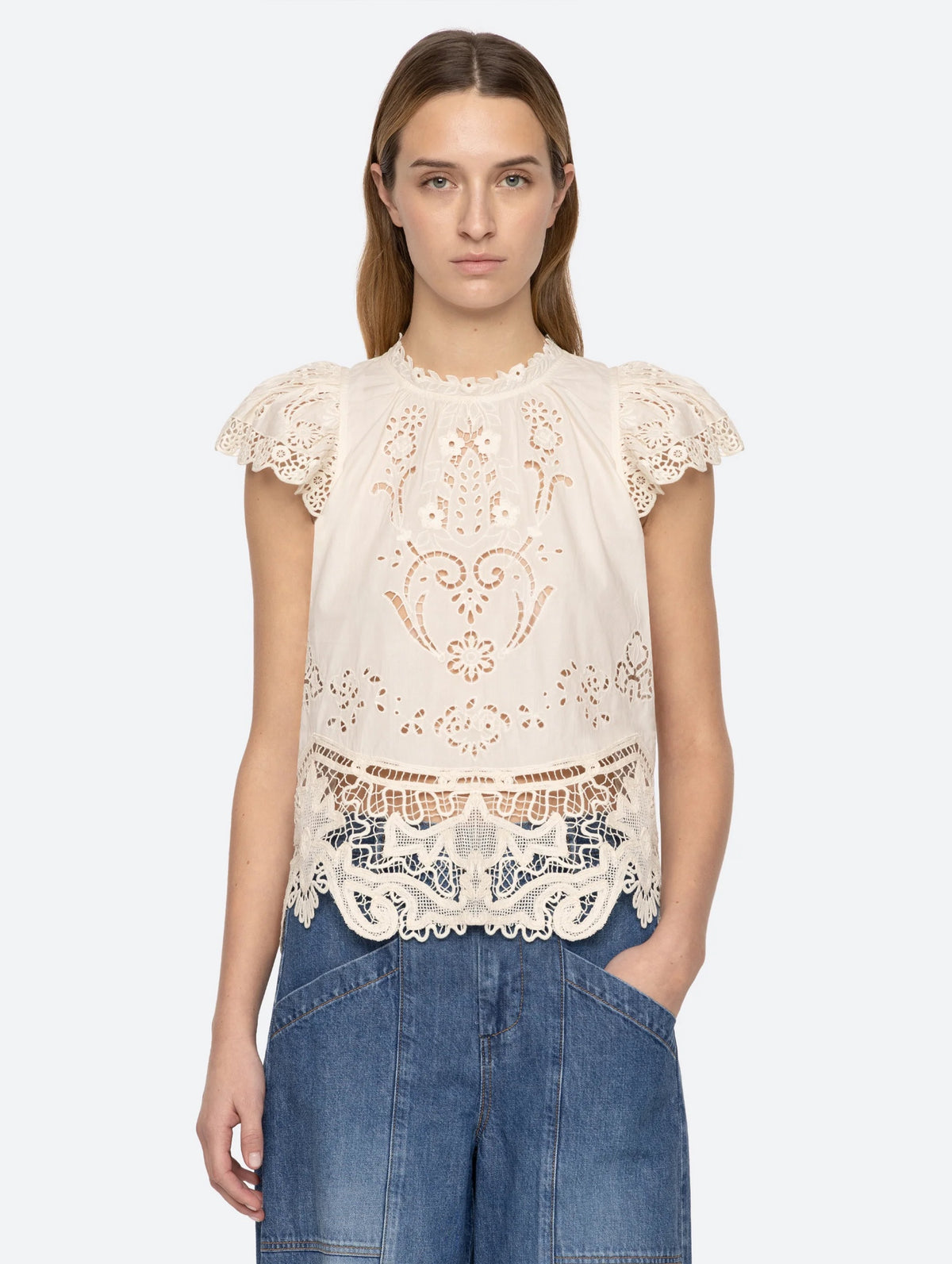 Gianna Lace Flutter Sleeve Top in Bone