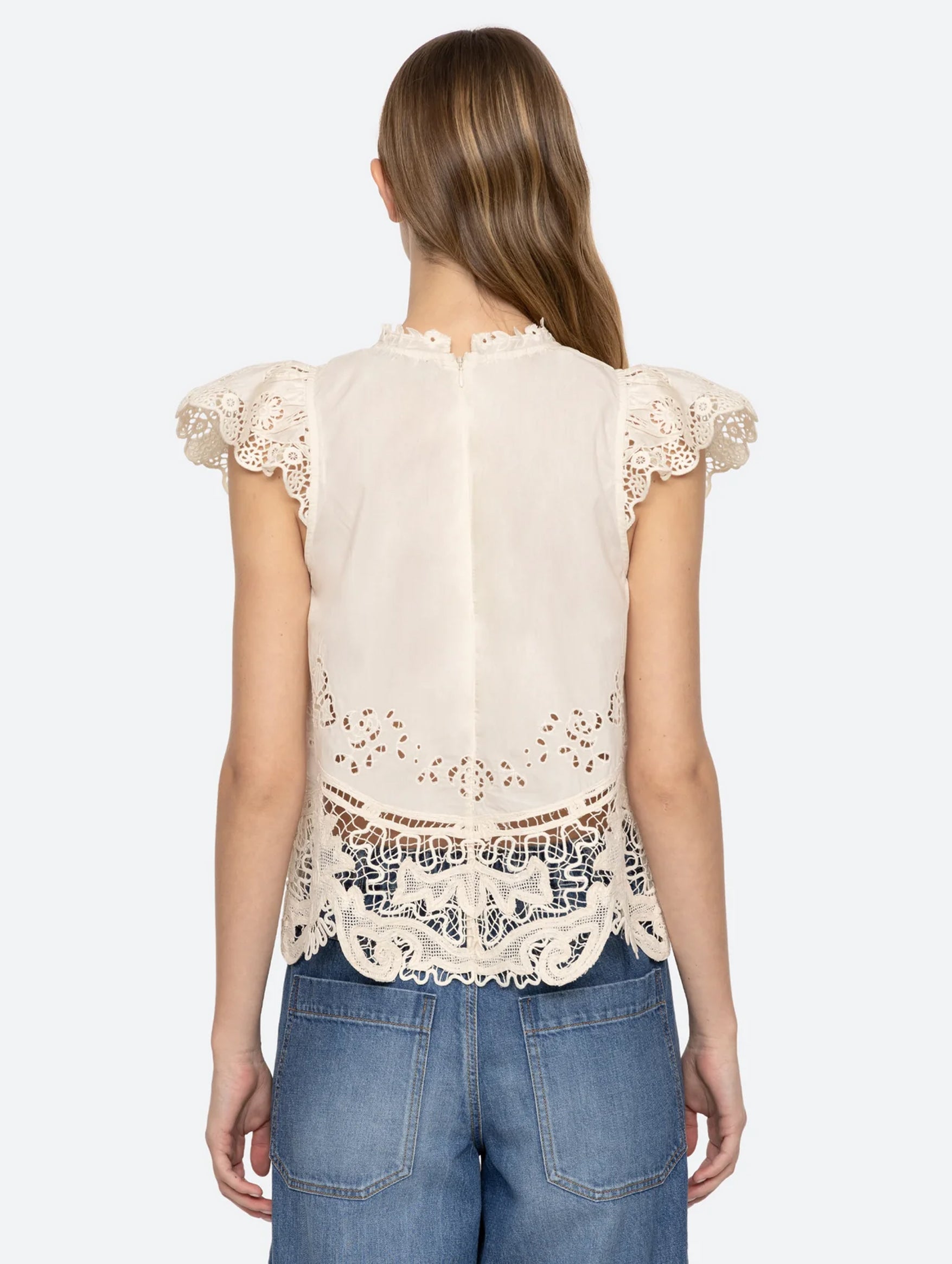 Gianna Lace Flutter Sleeve Top in Bone