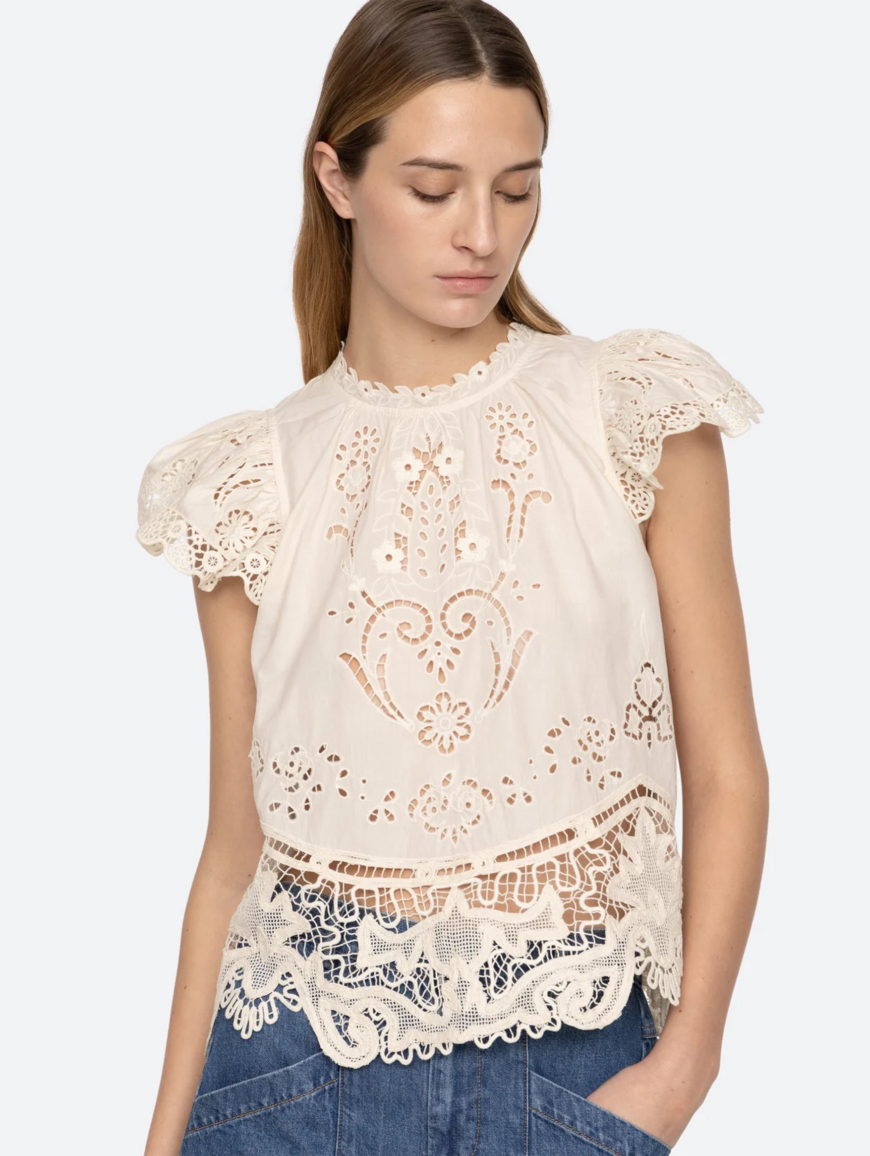 Gianna Lace Flutter Sleeve Top in Bone