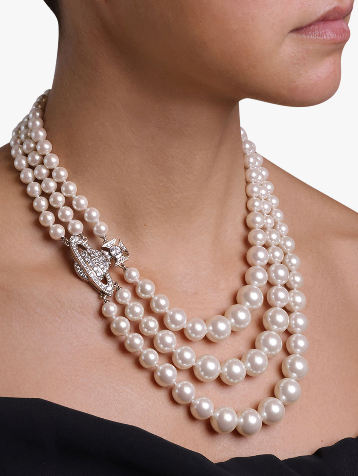 Graziella Three Row Pearl Necklace in Platinum Cream Rose