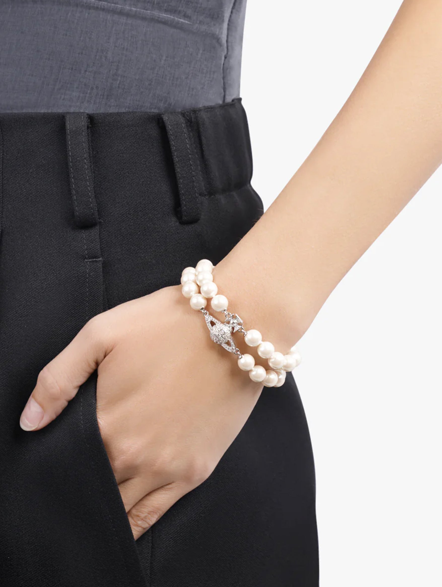 Graziella Two Row Pearl Bracelet in Platinum Cream Rose