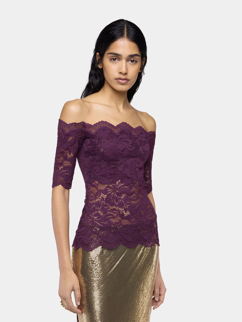 Off Shoulder Top in Magenta Layered Lace