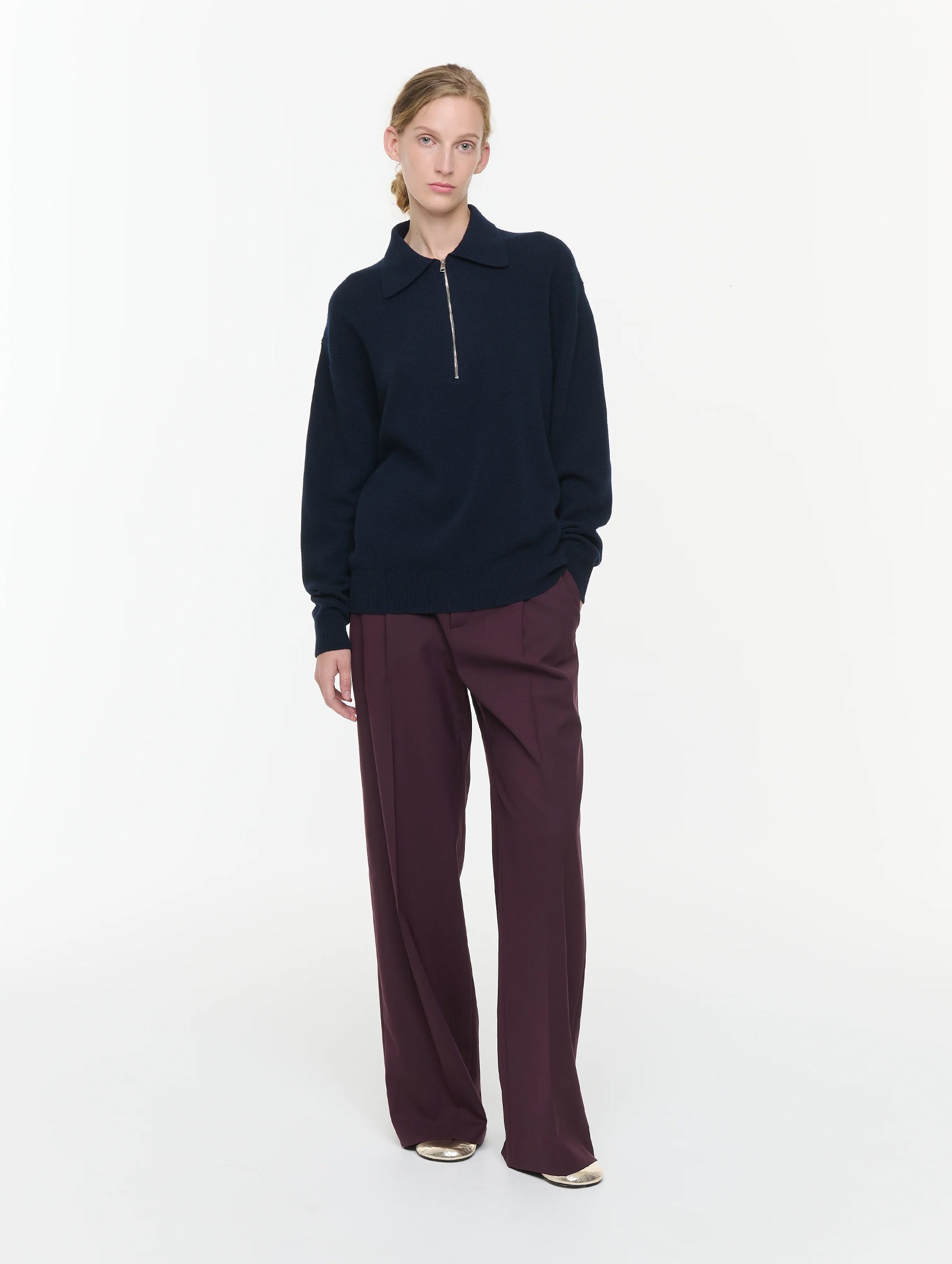 Half Zip Wool Cashmere Polo in Navy