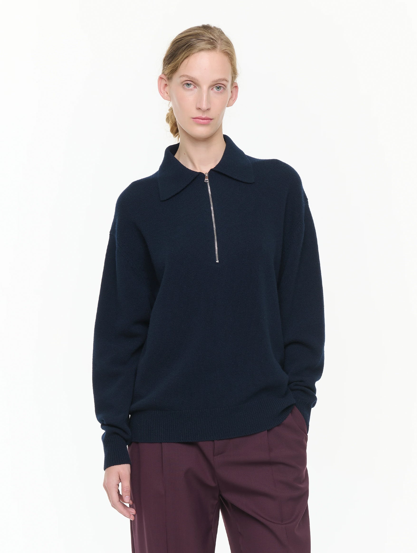 Half Zip Wool Cashmere Polo in Navy