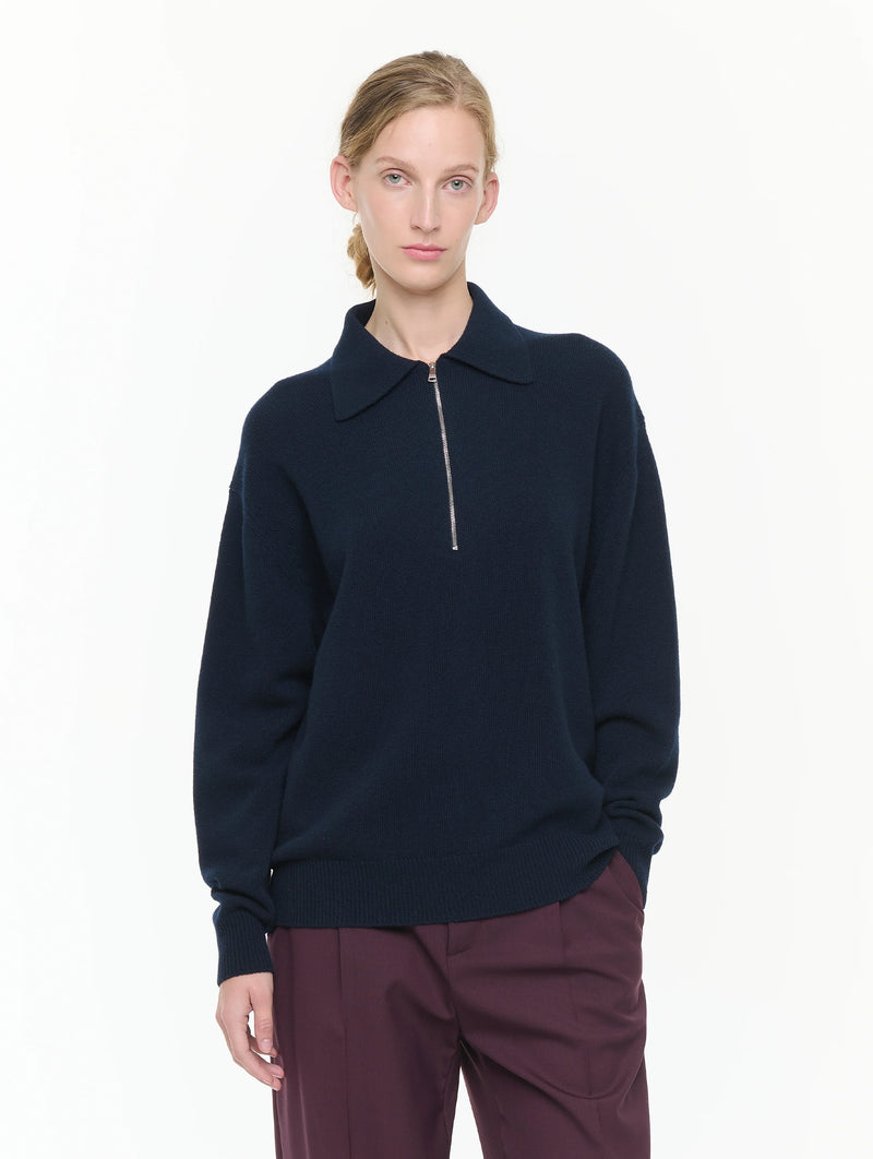 Half Zip Wool Cashmere Polo in Navy