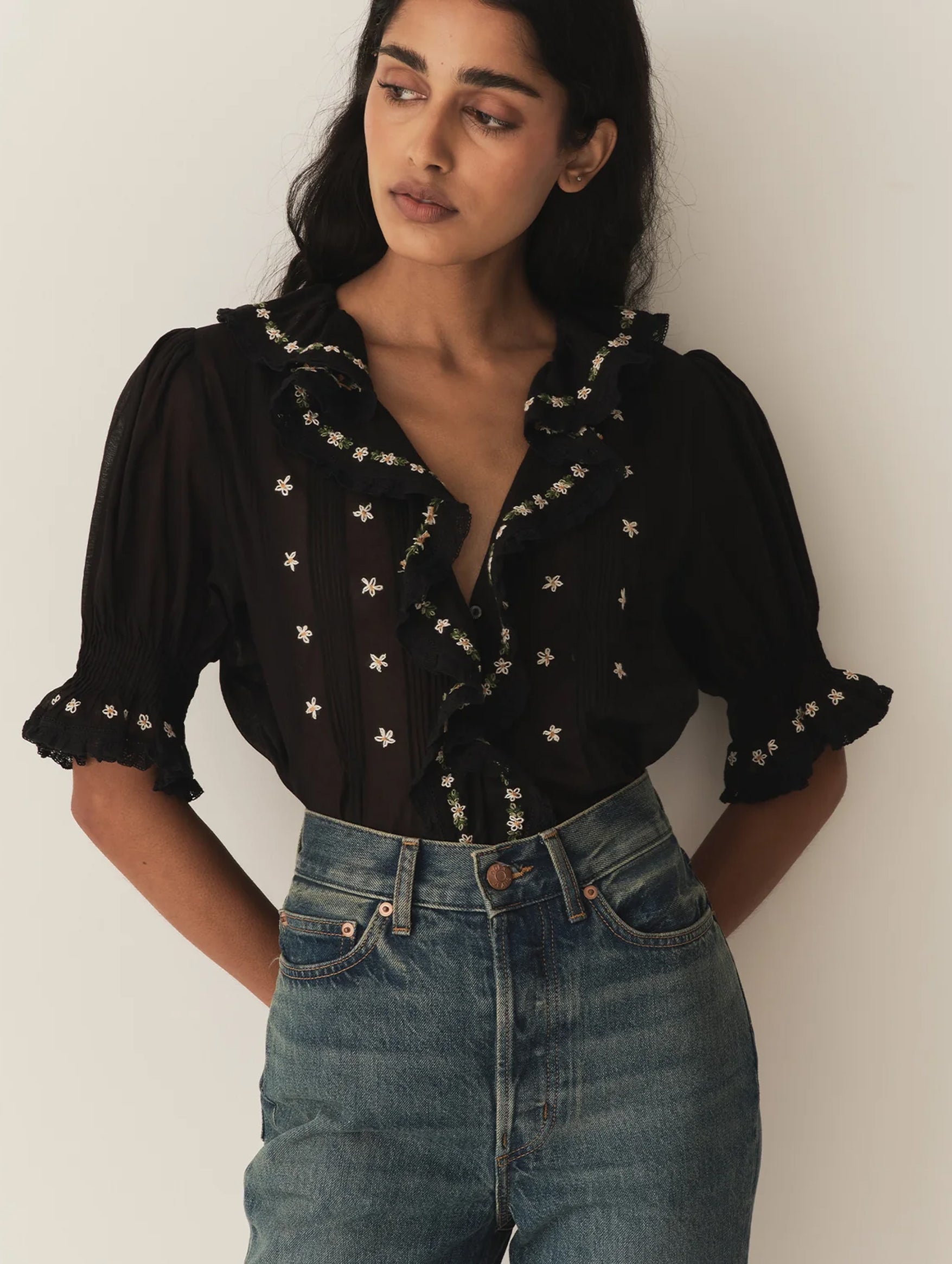 Hettie Floral Embroidery Top in Black