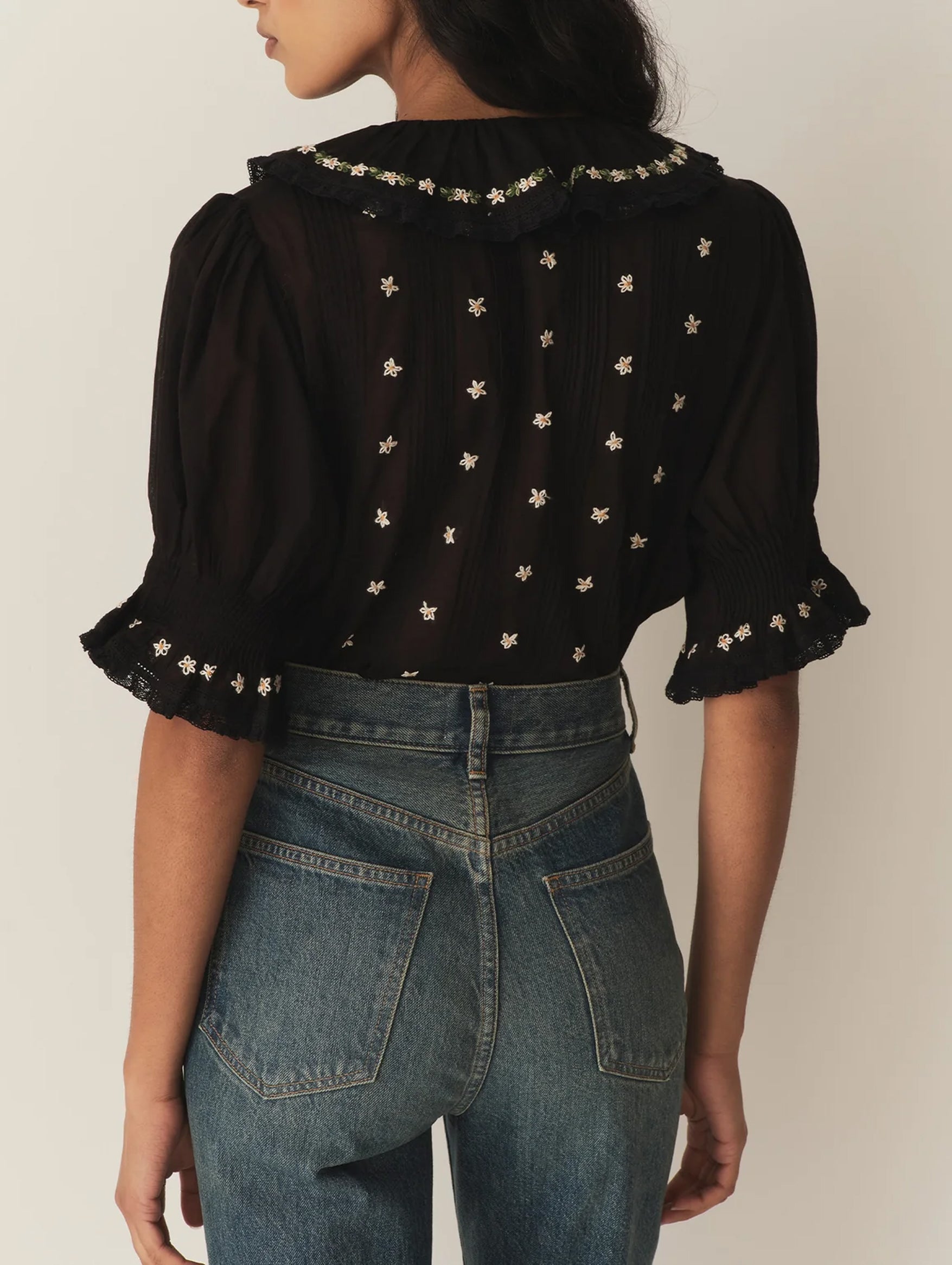 Hettie Floral Embroidery Top in Black