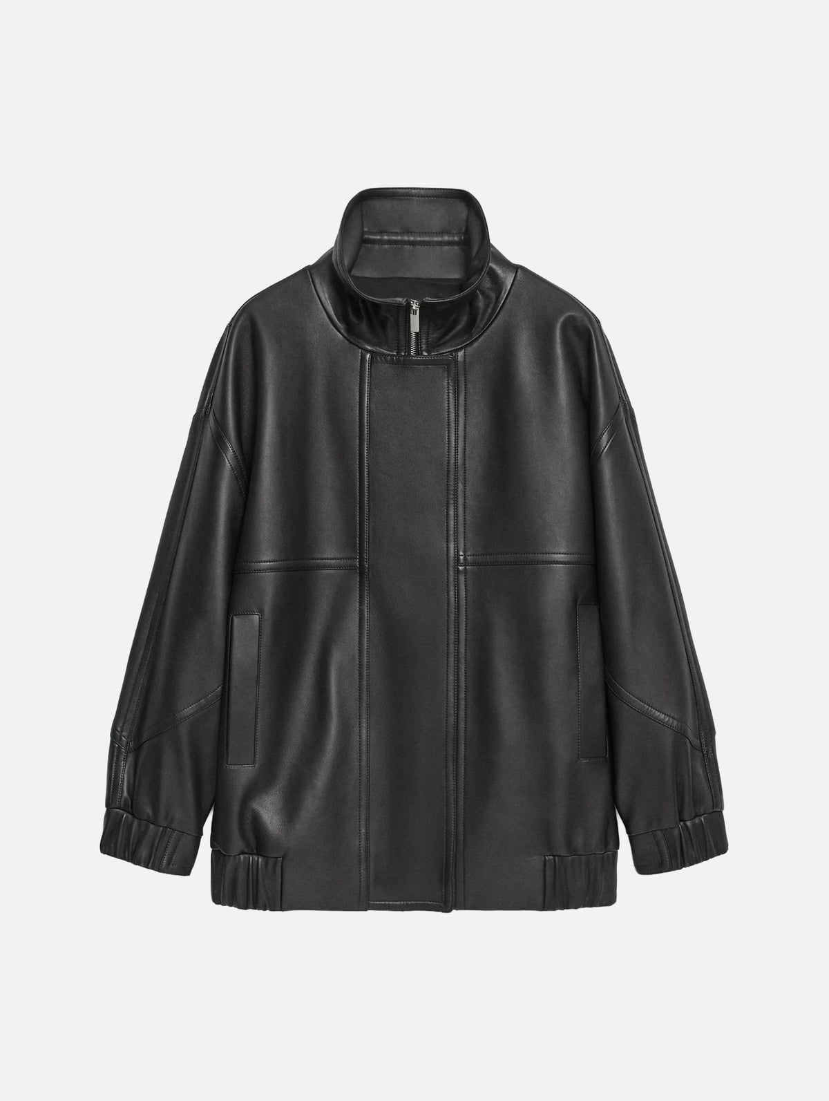 High Collar Leather Jacket in Black