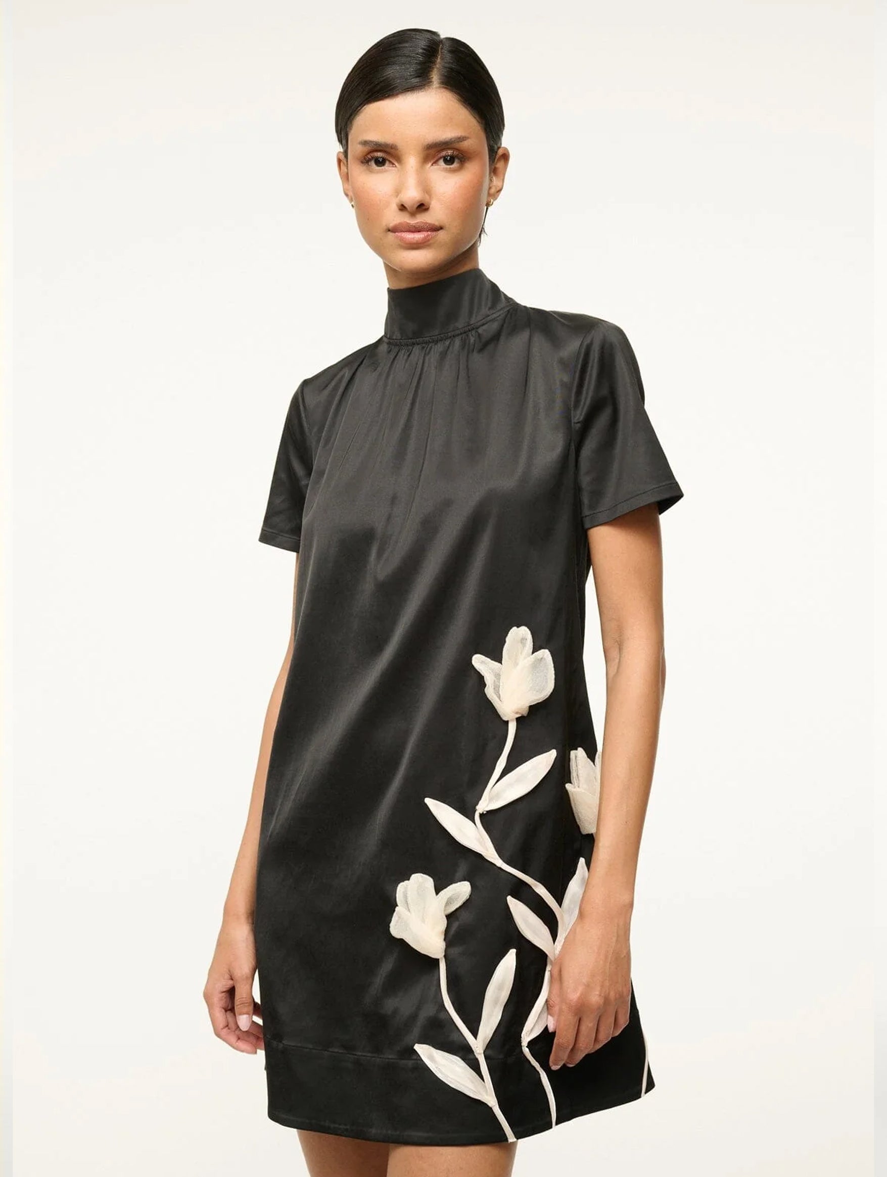 Ilana Mini Dress in Embroidered Black Satin