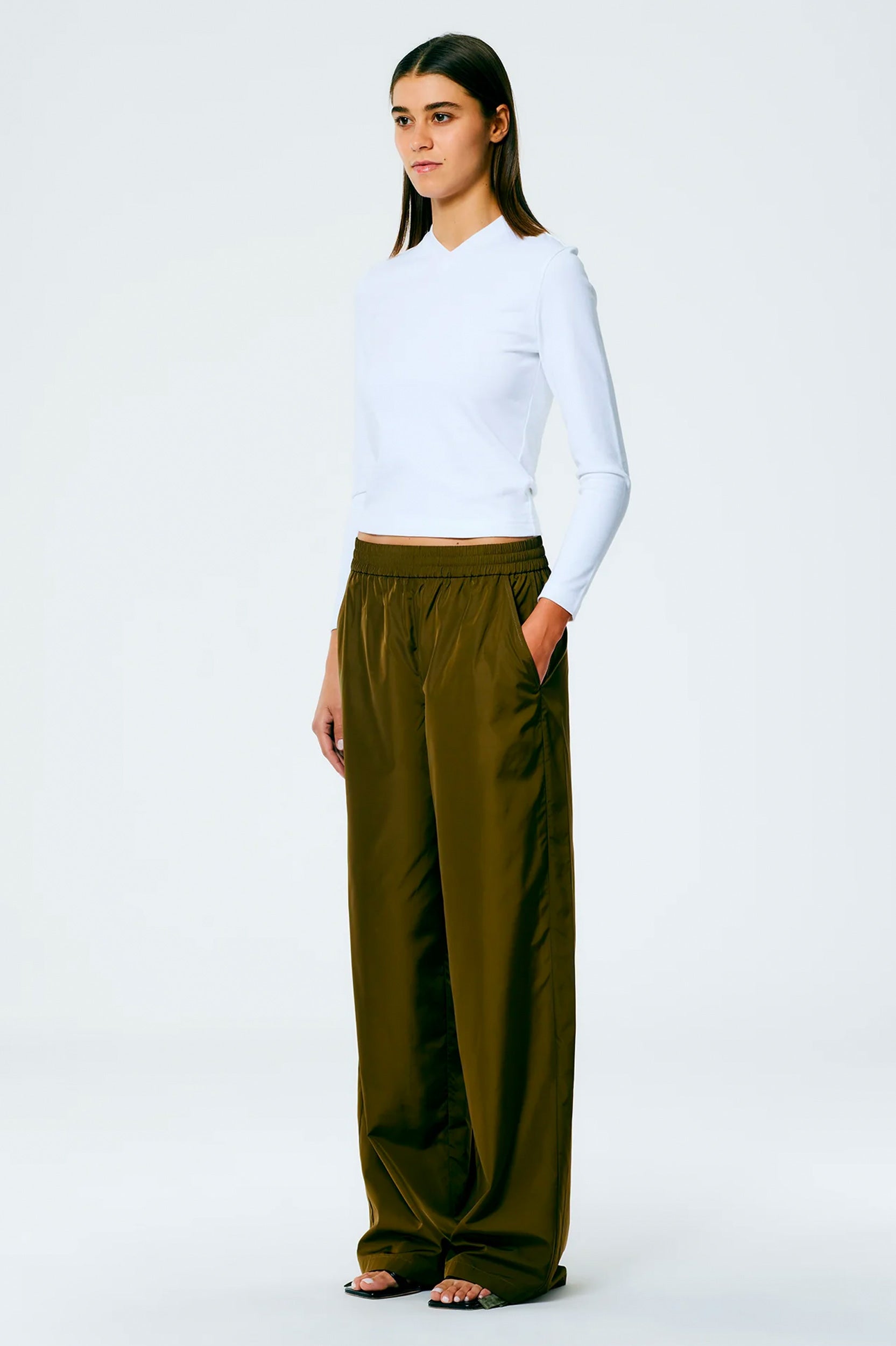 Italian Sporty Nylon Wide Leg Pant in Wood