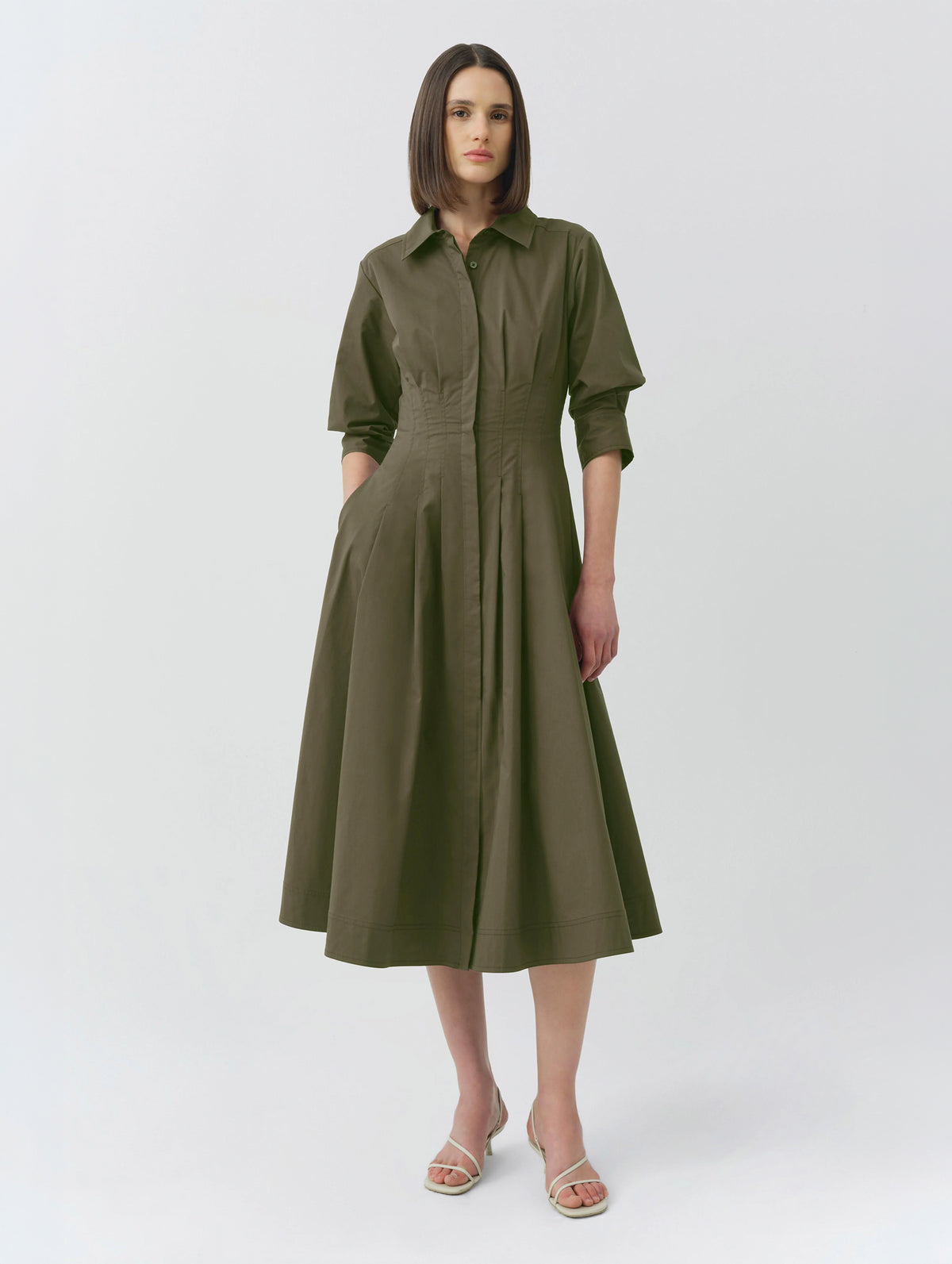 Jazz Pintuck Midi Dress in Faded Olive