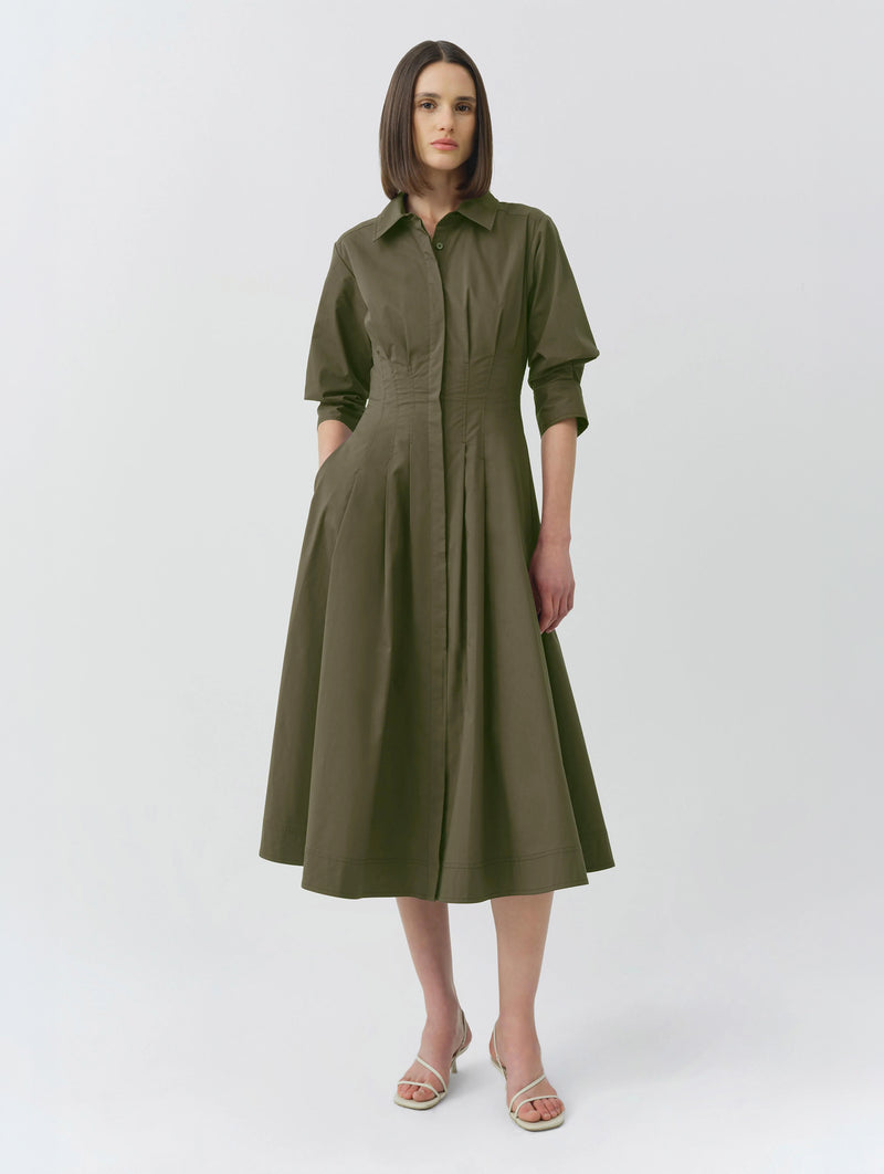 Jazz Pintuck Midi Dress in Faded Olive