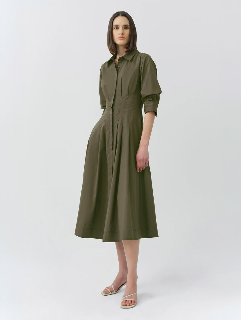 Jazz Pintuck Midi Dress in Faded Olive