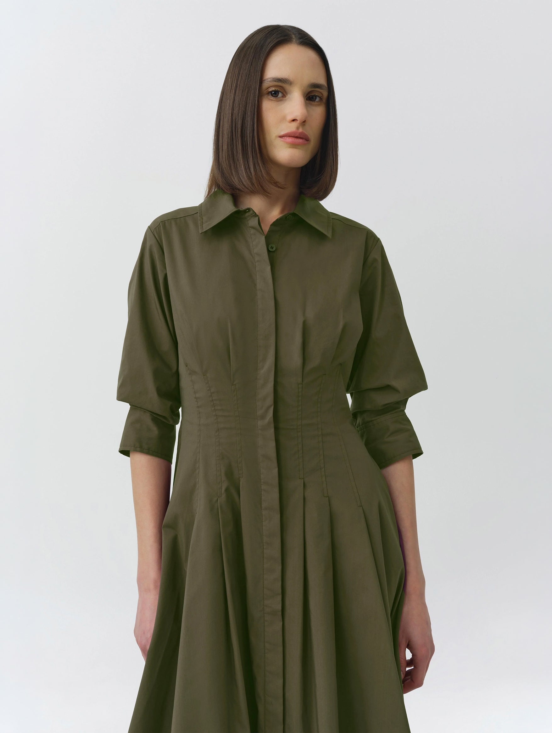 Jazz Pintuck Midi Dress in Faded Olive