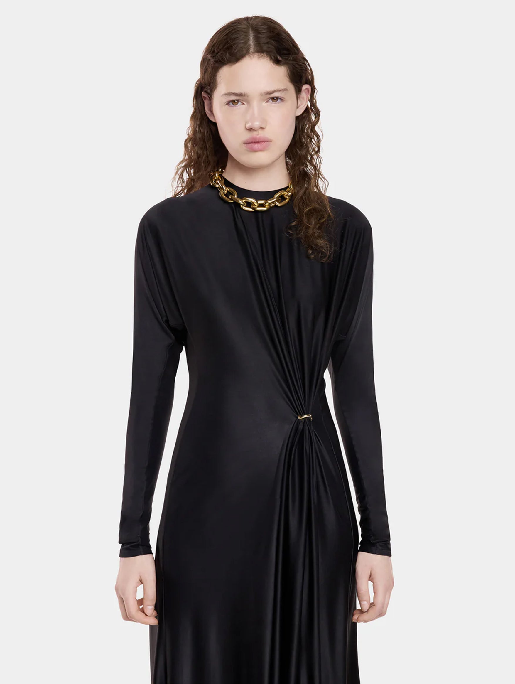 Long Sleeve Crewneck Gathered Dress in Black