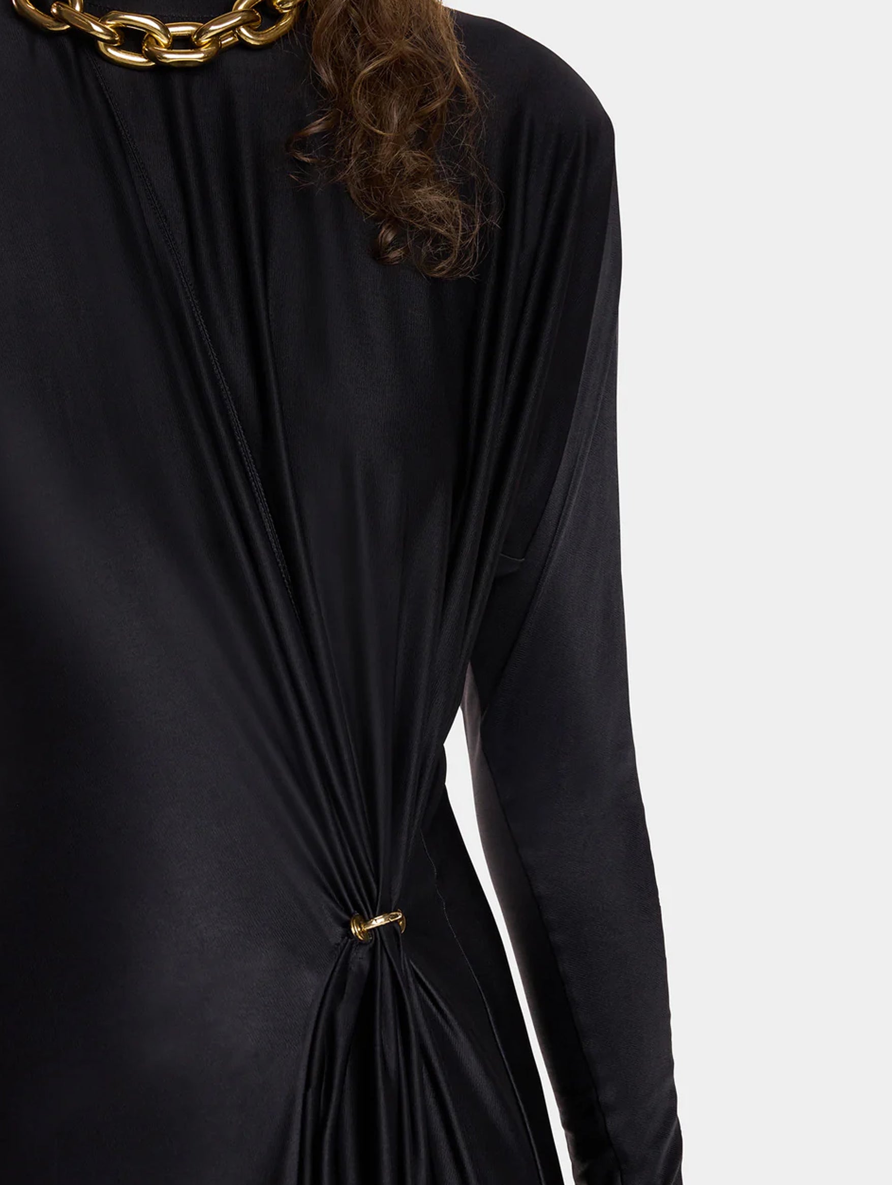 Long Sleeve Crewneck Gathered Dress in Black