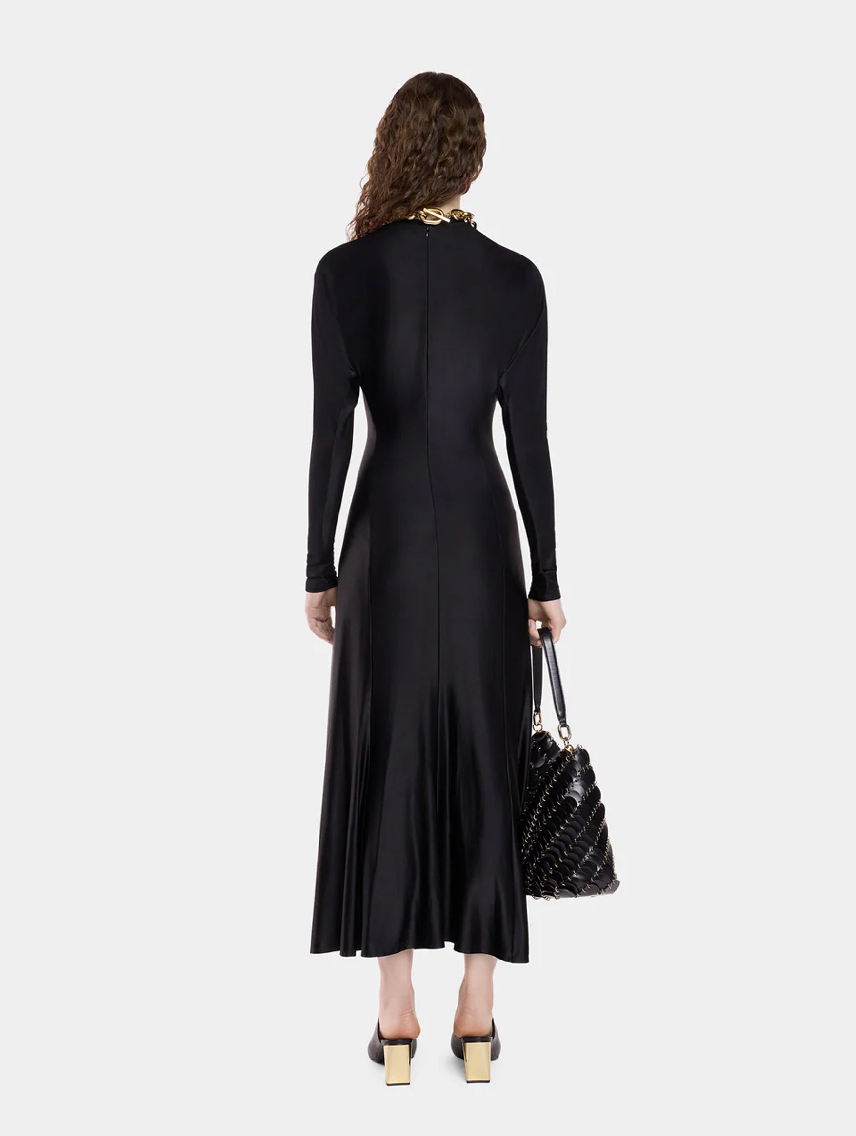 Long Sleeve Crewneck Gathered Dress in Black