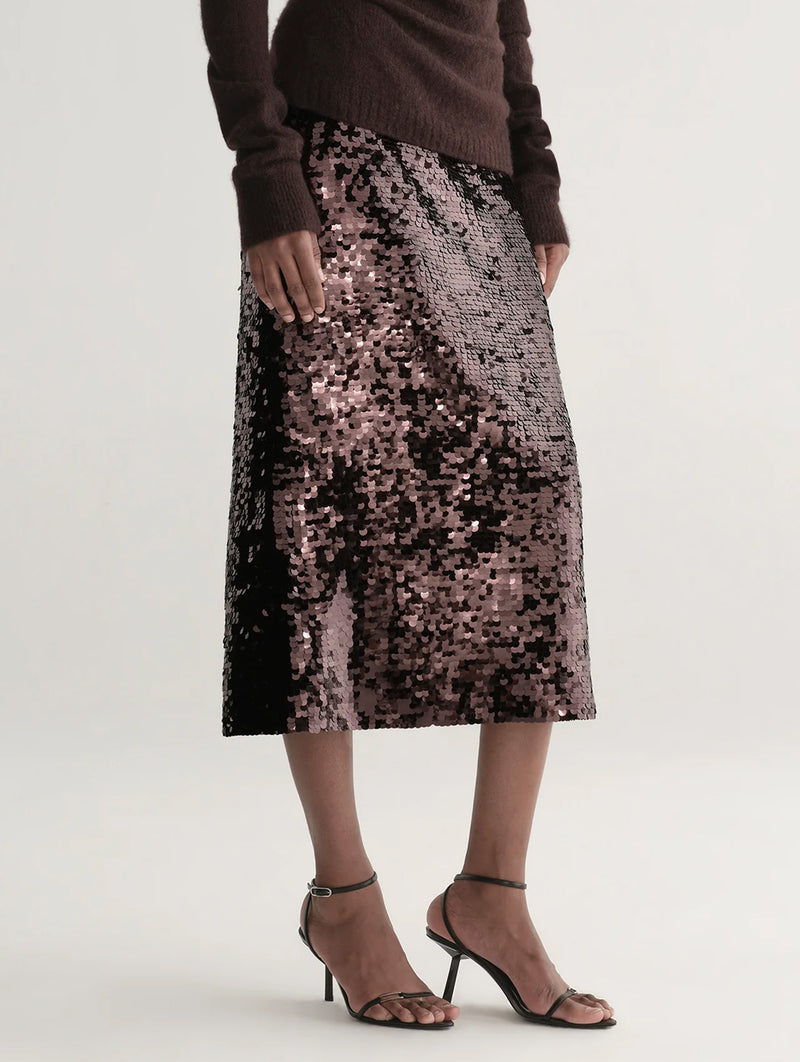 Kali Sequin Midi Skirt in Merlot