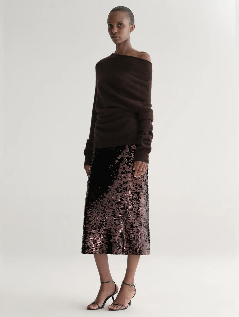 Kali Sequin Midi Skirt in Merlot