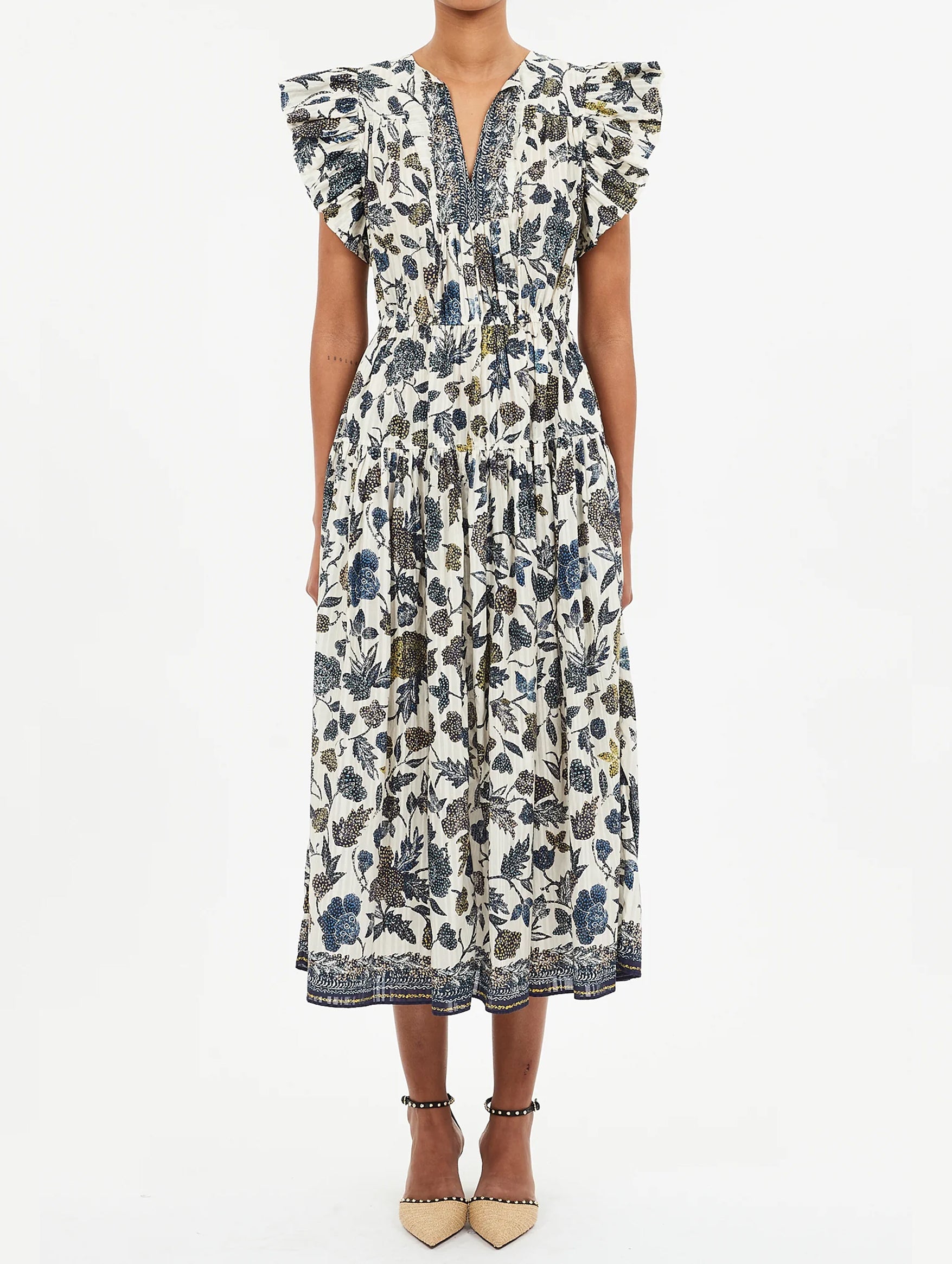 Kairi Flutter Sleeve Midi Dress in Porcelain