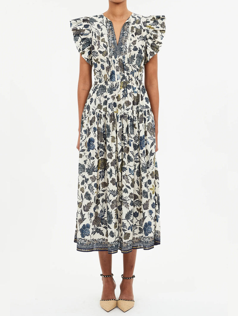 Kairi Flutter Sleeve Midi Dress in Porcelain