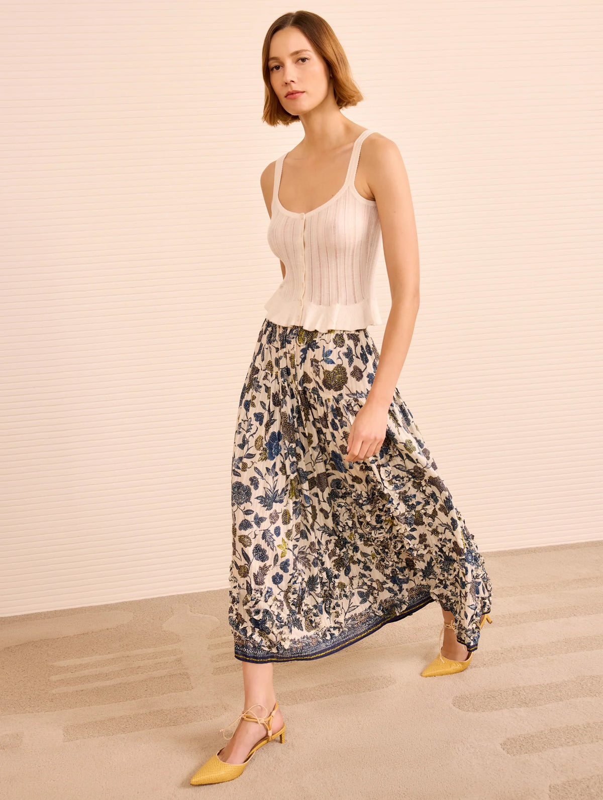 Alexandra Ruffled Cotton Midi Skirt in Porcelain