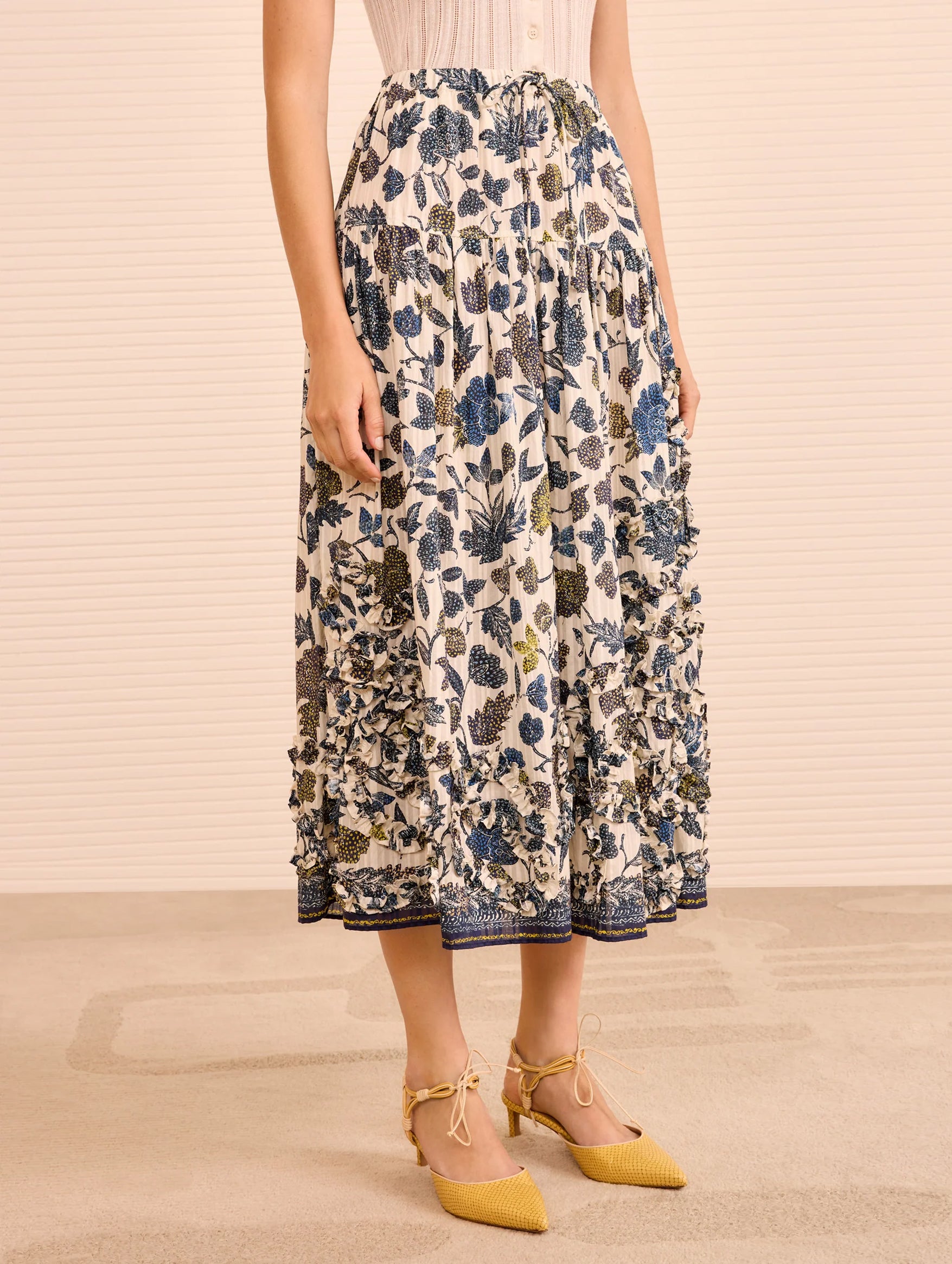 Alexandra Ruffled Cotton Midi Skirt in Porcelain