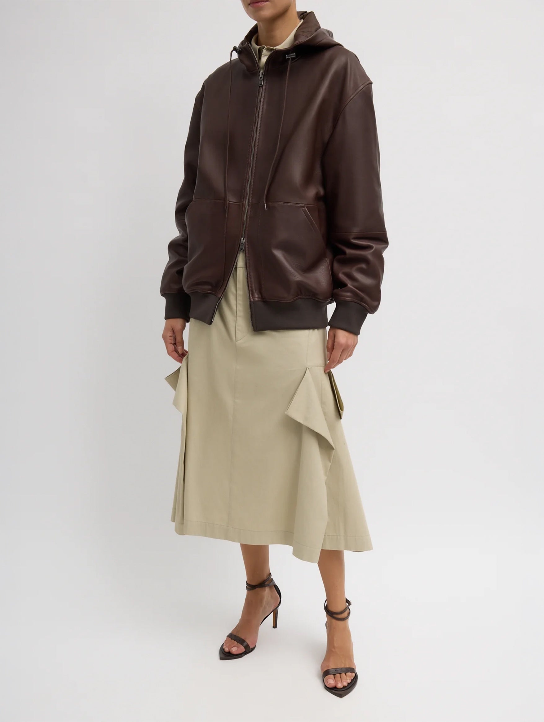 Leather Zip Up Hoodie Jacket in Brown