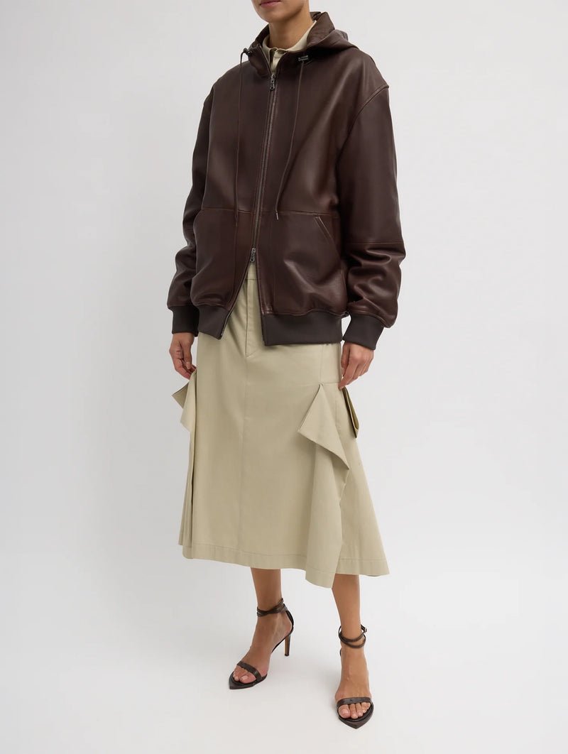 Leather Zip Up Hoodie Jacket in Brown