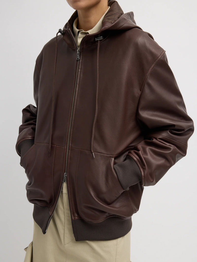 Leather Zip Up Hoodie Jacket in Brown