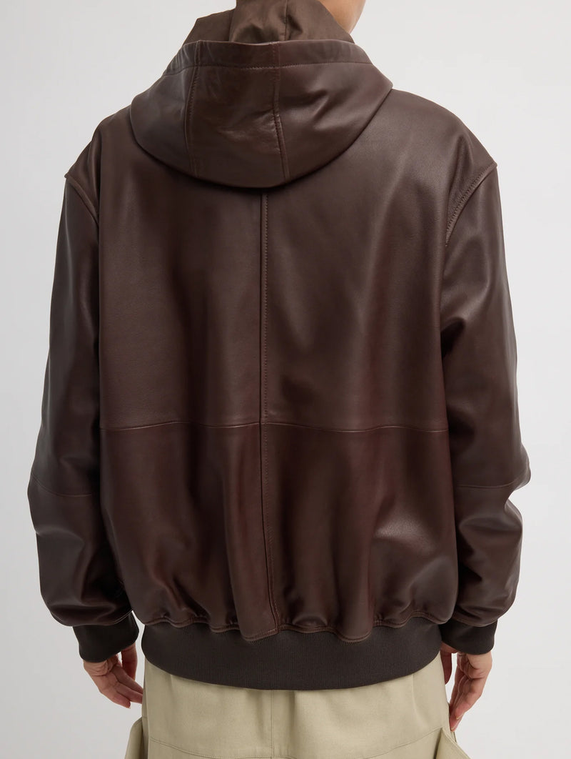 Leather Zip Up Hoodie Jacket in Brown