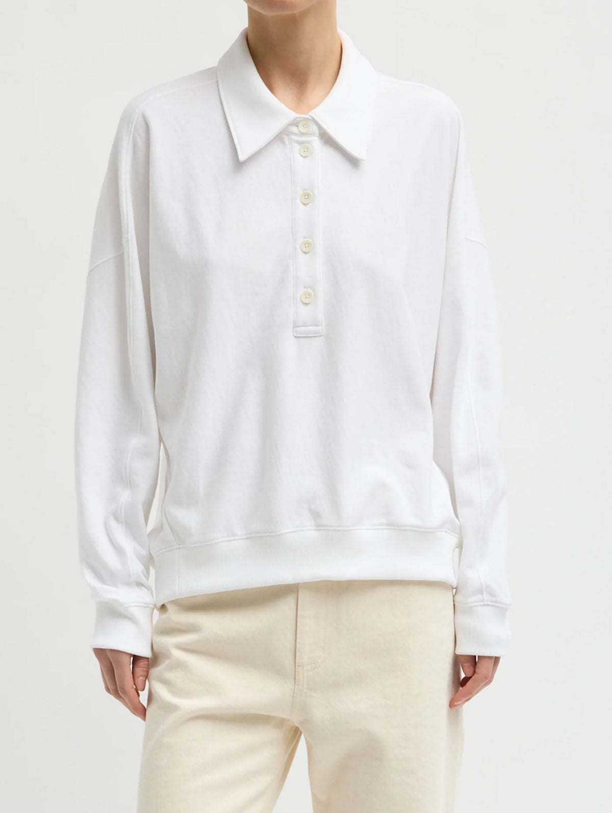 Light Weight Sweatshirting Polo Collar Sweatshirt in White