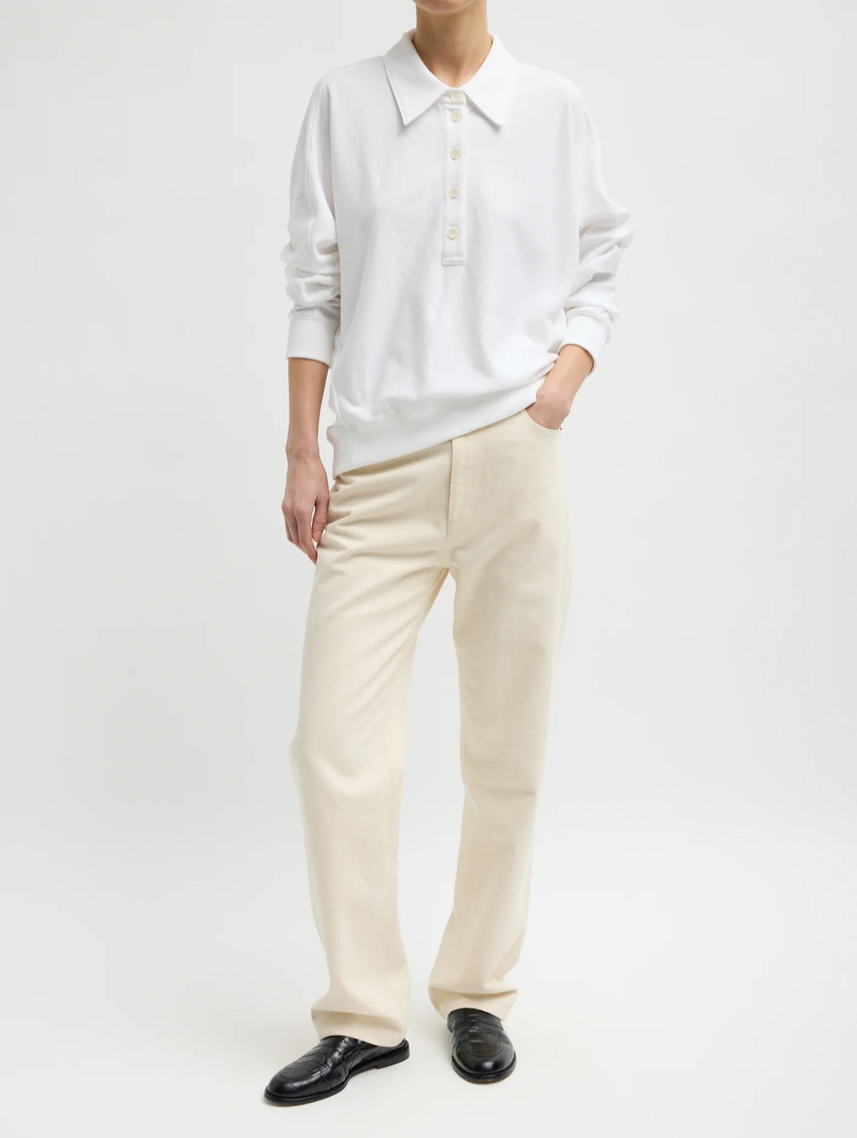 Light Weight Sweatshirting Polo Collar Sweatshirt in White