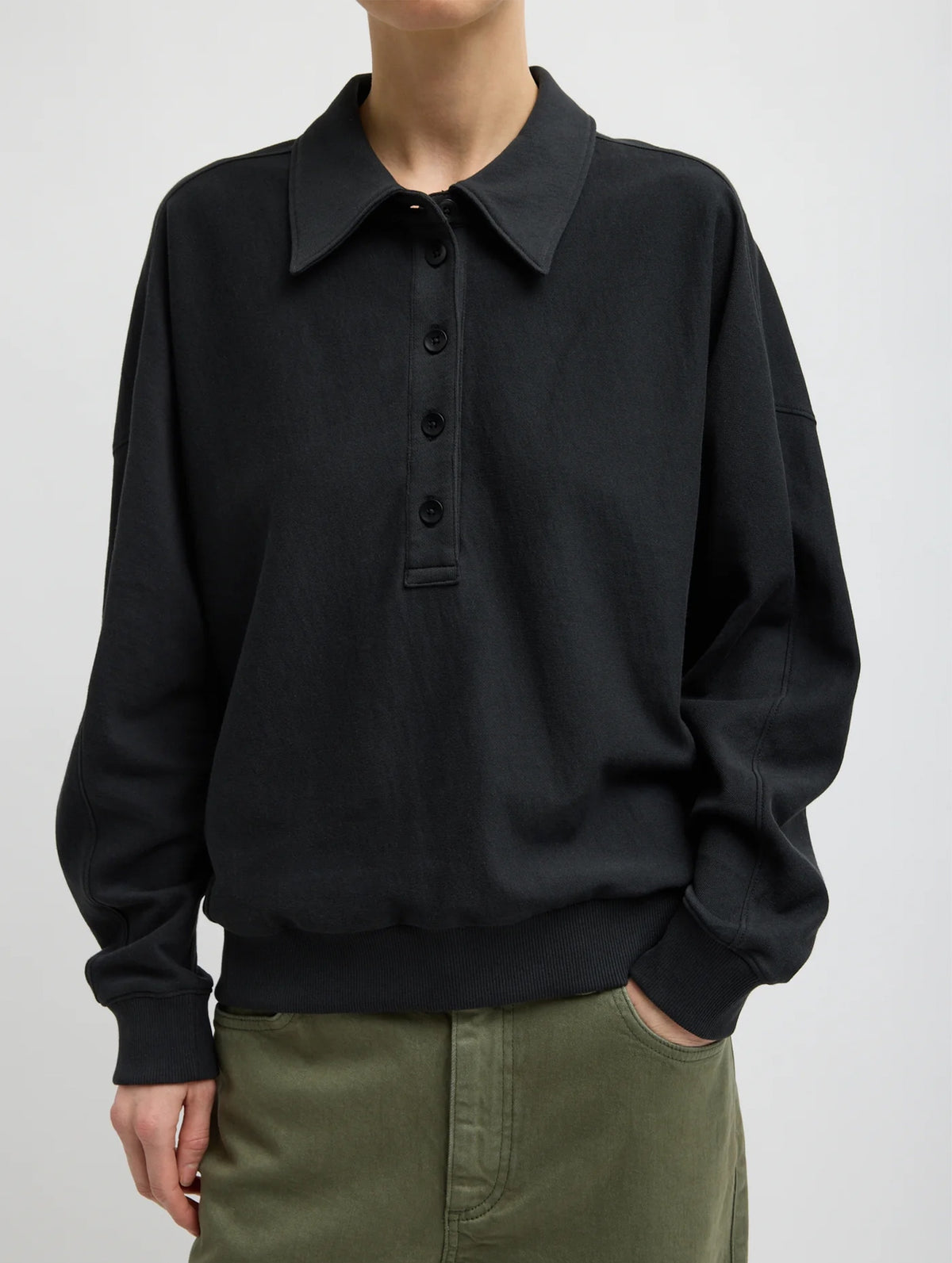 Light Weight Sweatshirting Polo Collar Sweatshirt in Black