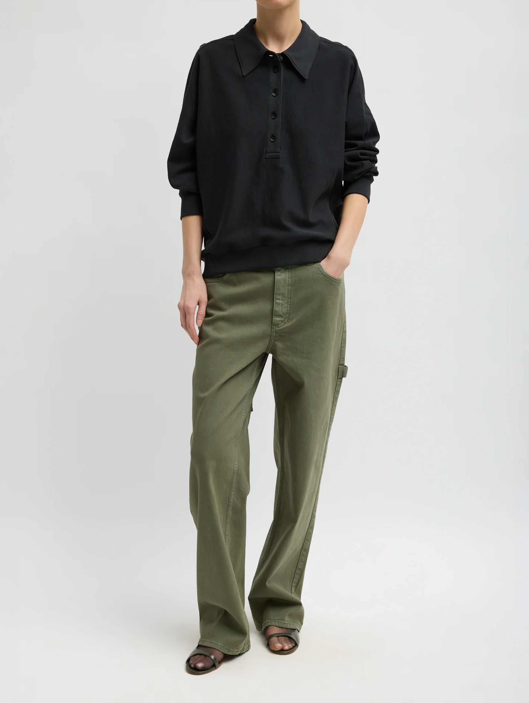 Light Weight Sweatshirting Polo Collar Sweatshirt in Black