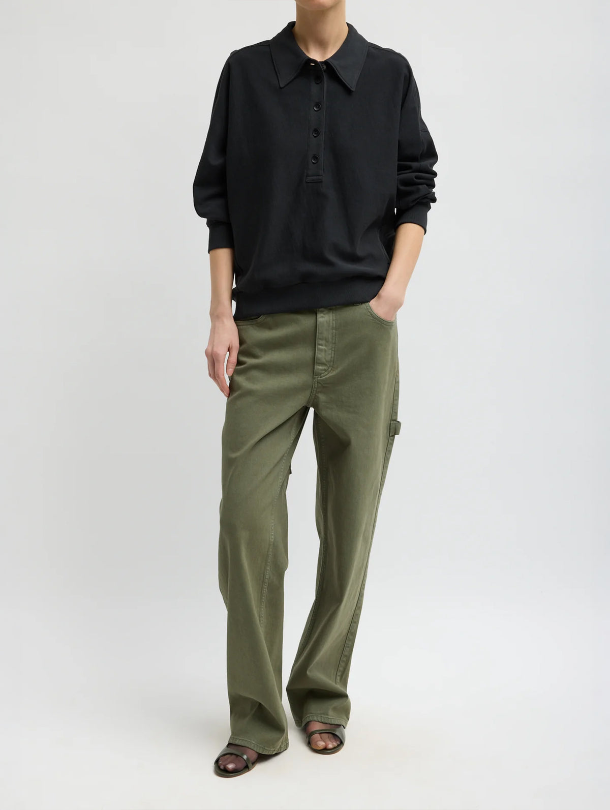 Light Weight Sweatshirting Polo Collar Sweatshirt in Black