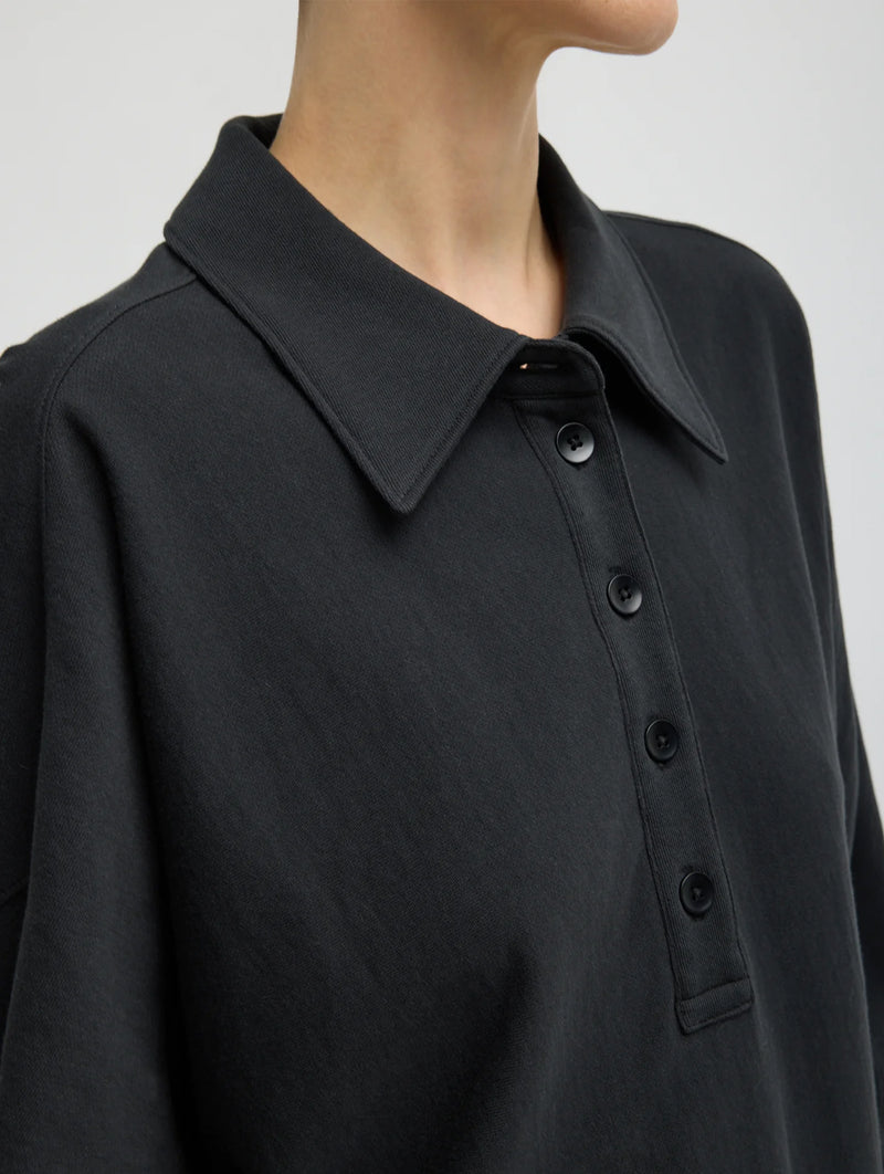 Light Weight Sweatshirting Polo Collar Sweatshirt in Black